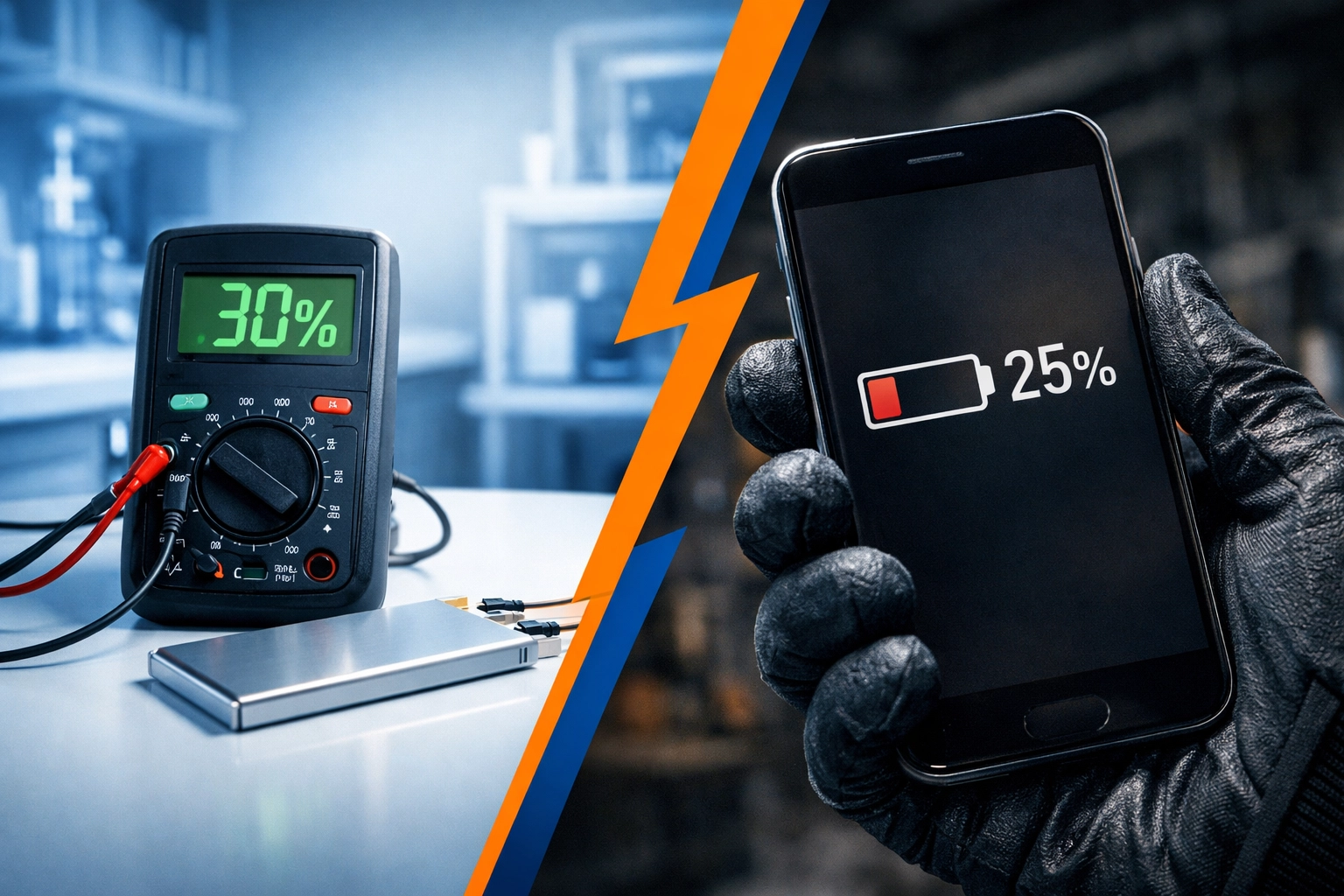 Battery state of charge testing showing 30% meter reading and 25% smartphone display for compliance