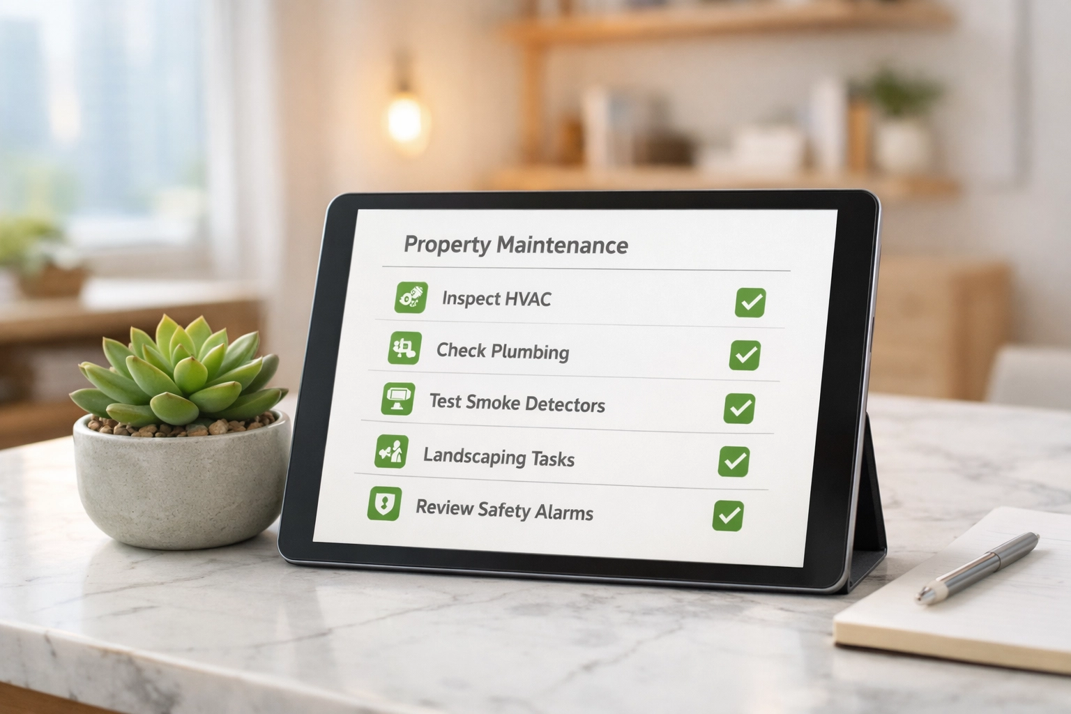 Digital cleaning checklist on a tablet in a bright Minneapolis office, highlighting organized property maintenance.
