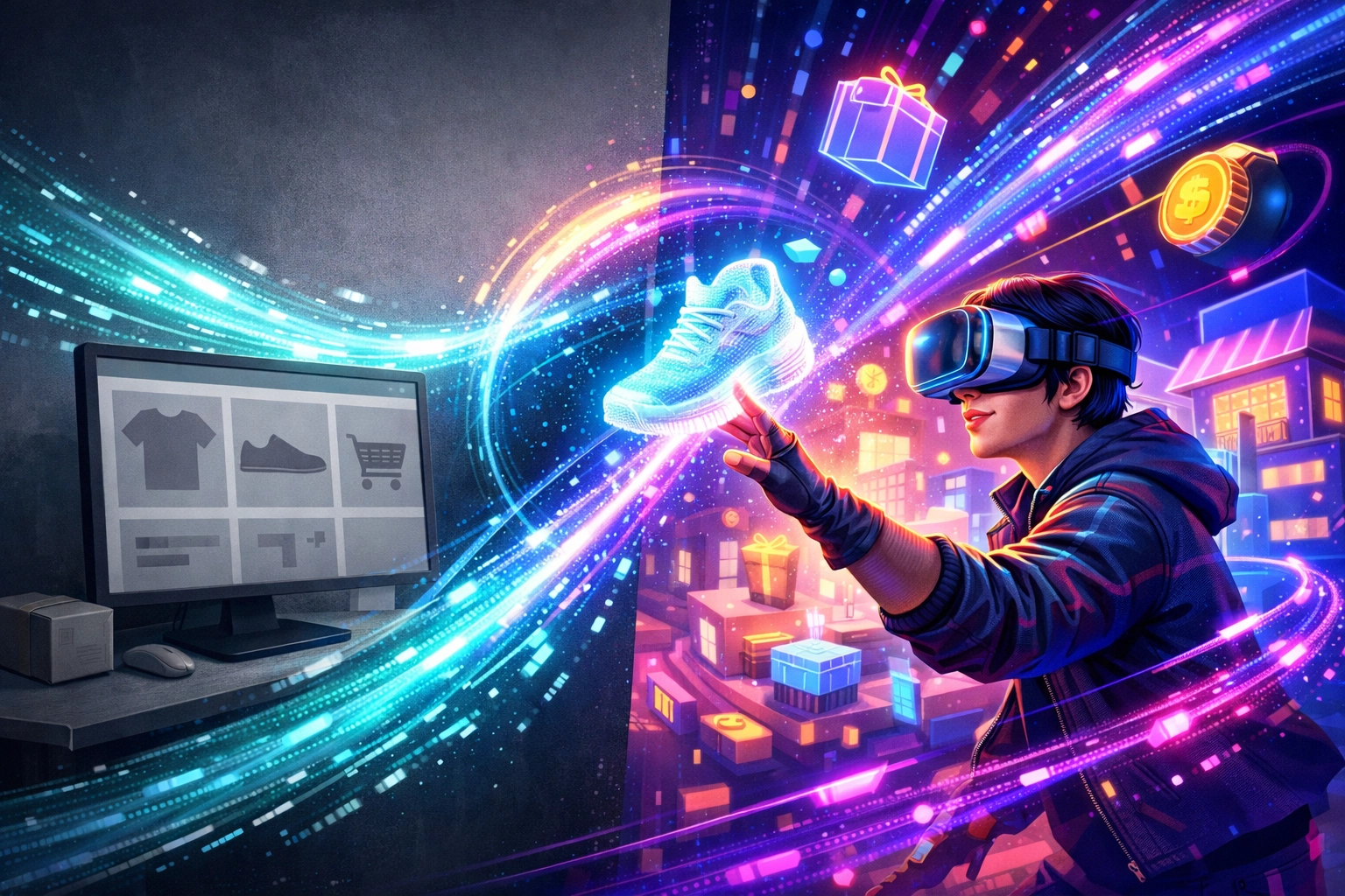 User transitioning from traditional e-commerce to an immersive Web3 metaverse shopping experience.