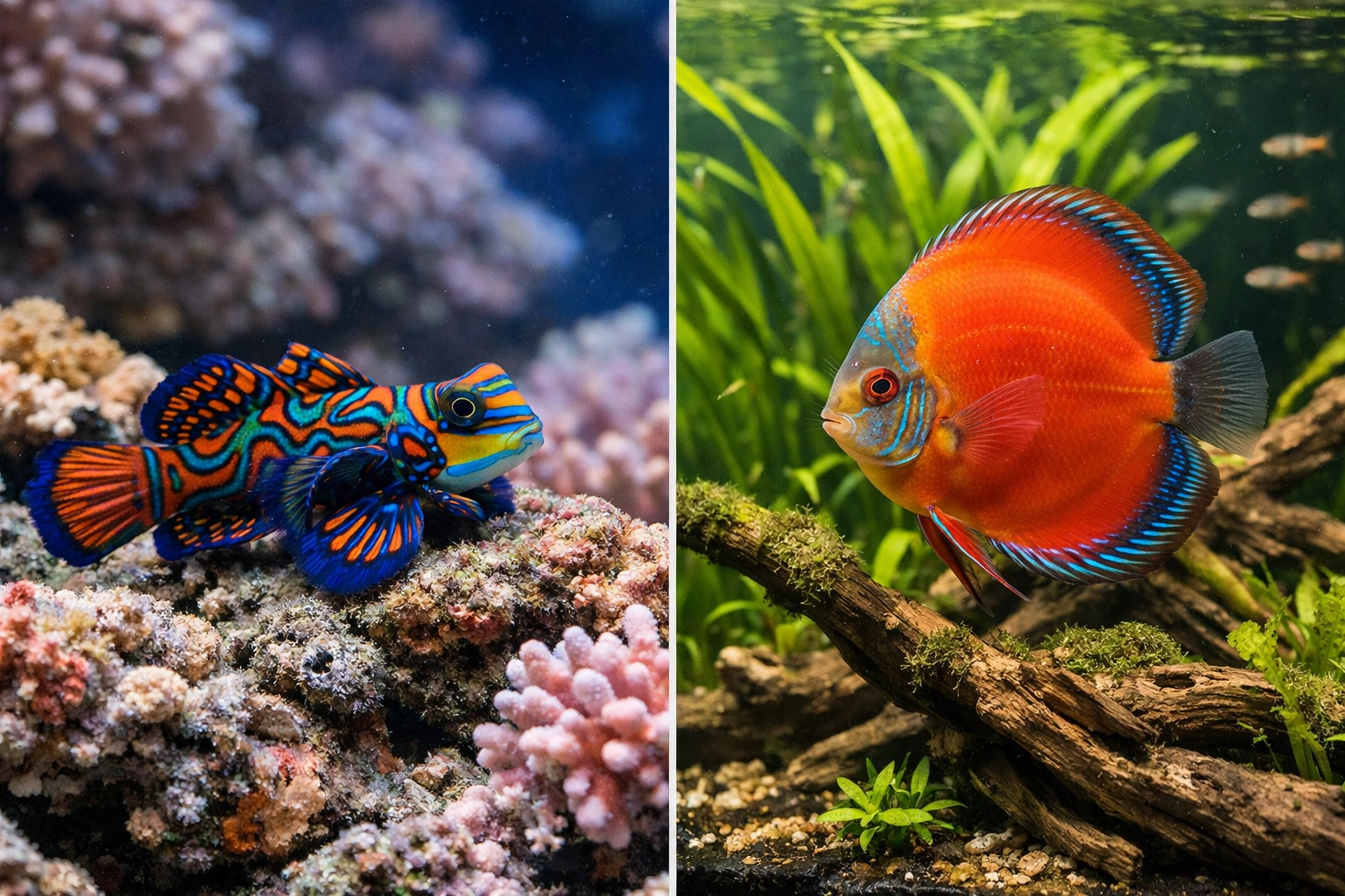 Accurate aquarium stock photos comparing a Mandarin Dragonet and a Discus fish for marketing.