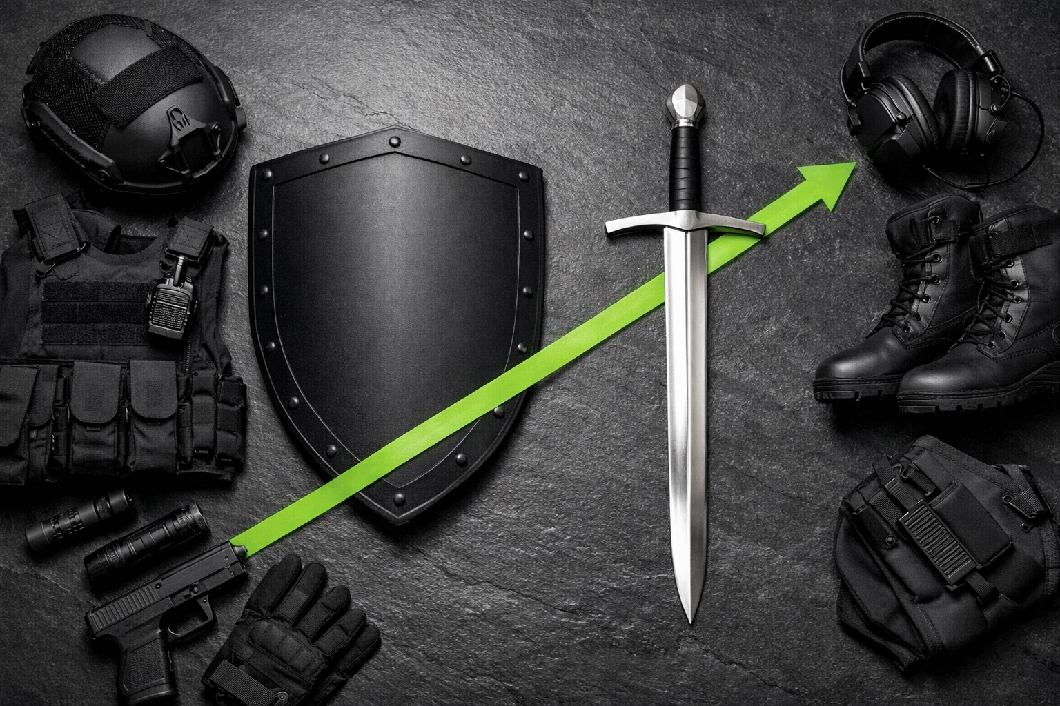 Tactical shield and blade representing the Sword and Shield strategy for financial growth and Asset Armor.