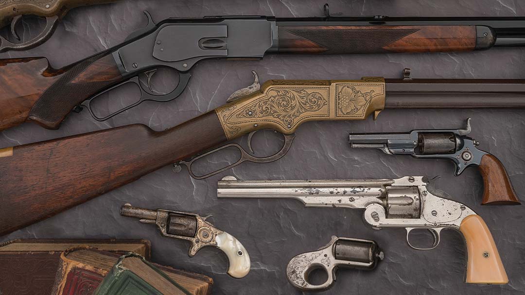 Classic Western Firearms Selection of classic Western firearms including engraved lever-action rifles, antique revolvers, and vintage single-action pistols, highlighting authentic Wild West styling and craftsmanship. Perfect for cowboy-action shooting enthusiasts and collectors seeking heritage models and period-correct accessories.