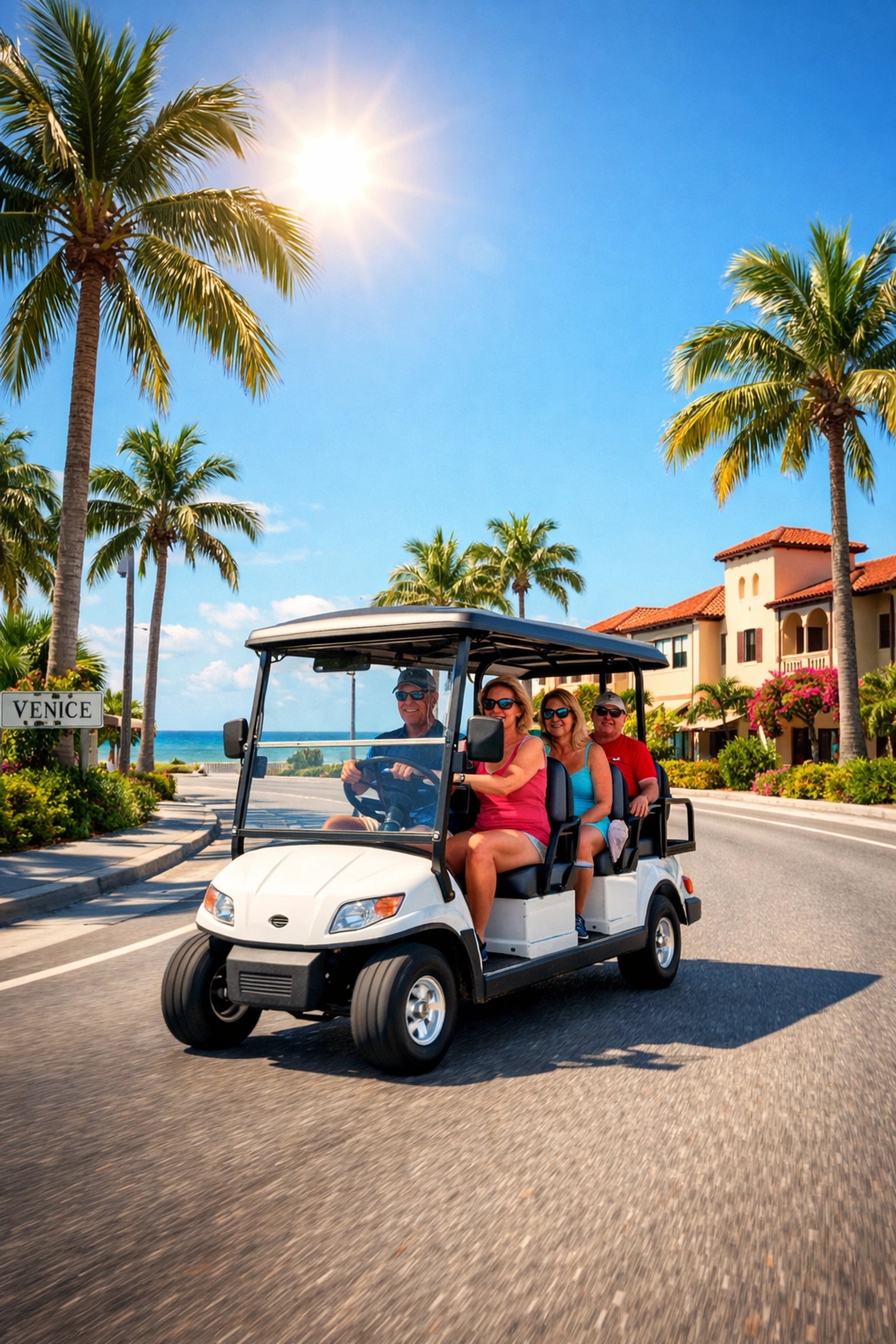 Street-legal white golf cart cruising a palm-lined road in Venice, Florida, perfect for local travel.