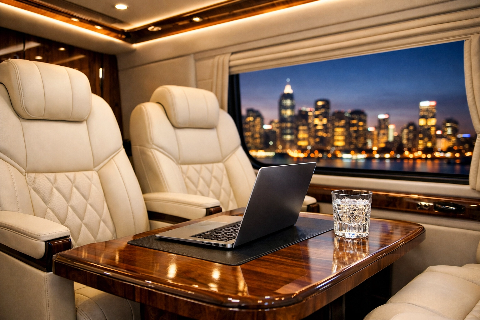 Custom luxury Sprinter van interior providing a mobile boardroom for Super Bowl executive hosting.