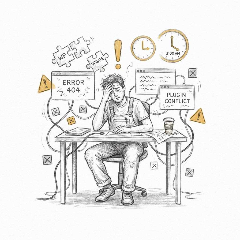 Service business owner overwhelmed by WordPress maintenance issues, surrounded by plugin errors and chaos.