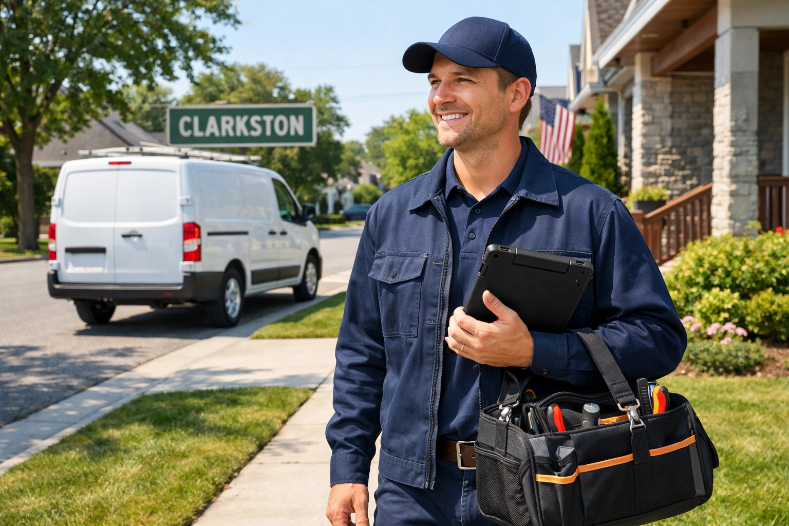 A friendly Rodeo Networks technician providing local internet installation and support in a Clarkston neighborhood.