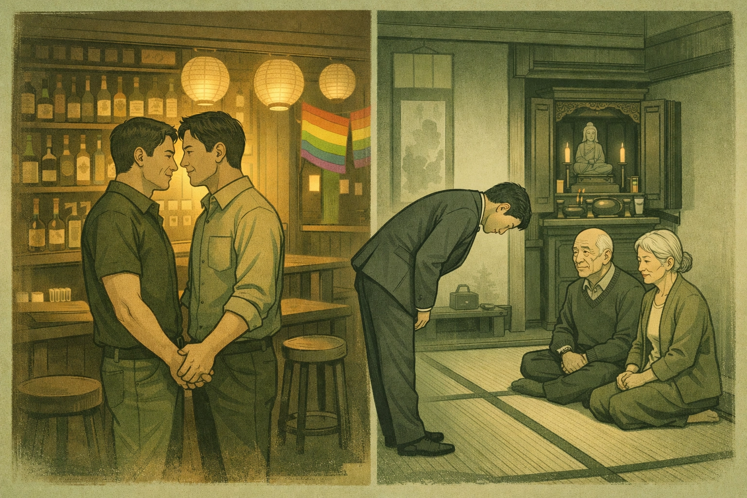 Japanese gay man's double life: intimate moment in Tokyo bar versus formal family duty at home