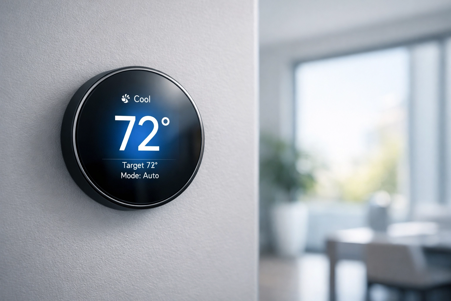 Modern smart thermostat displaying a cool temperature for optimal home comfort in a Sacramento home.