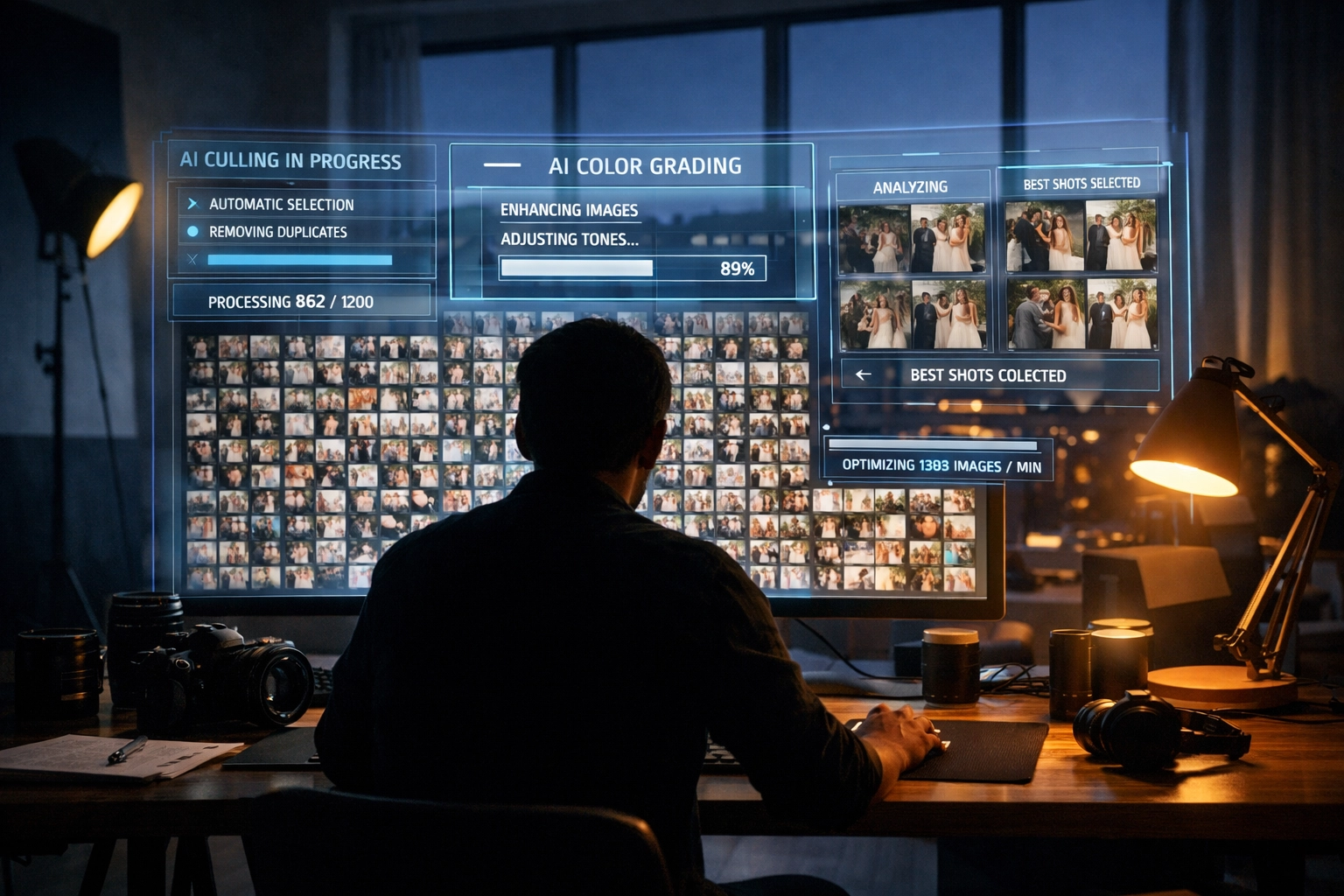 Photographer in a studio using AI software to cull and edit a grid of photos on a large monitor.