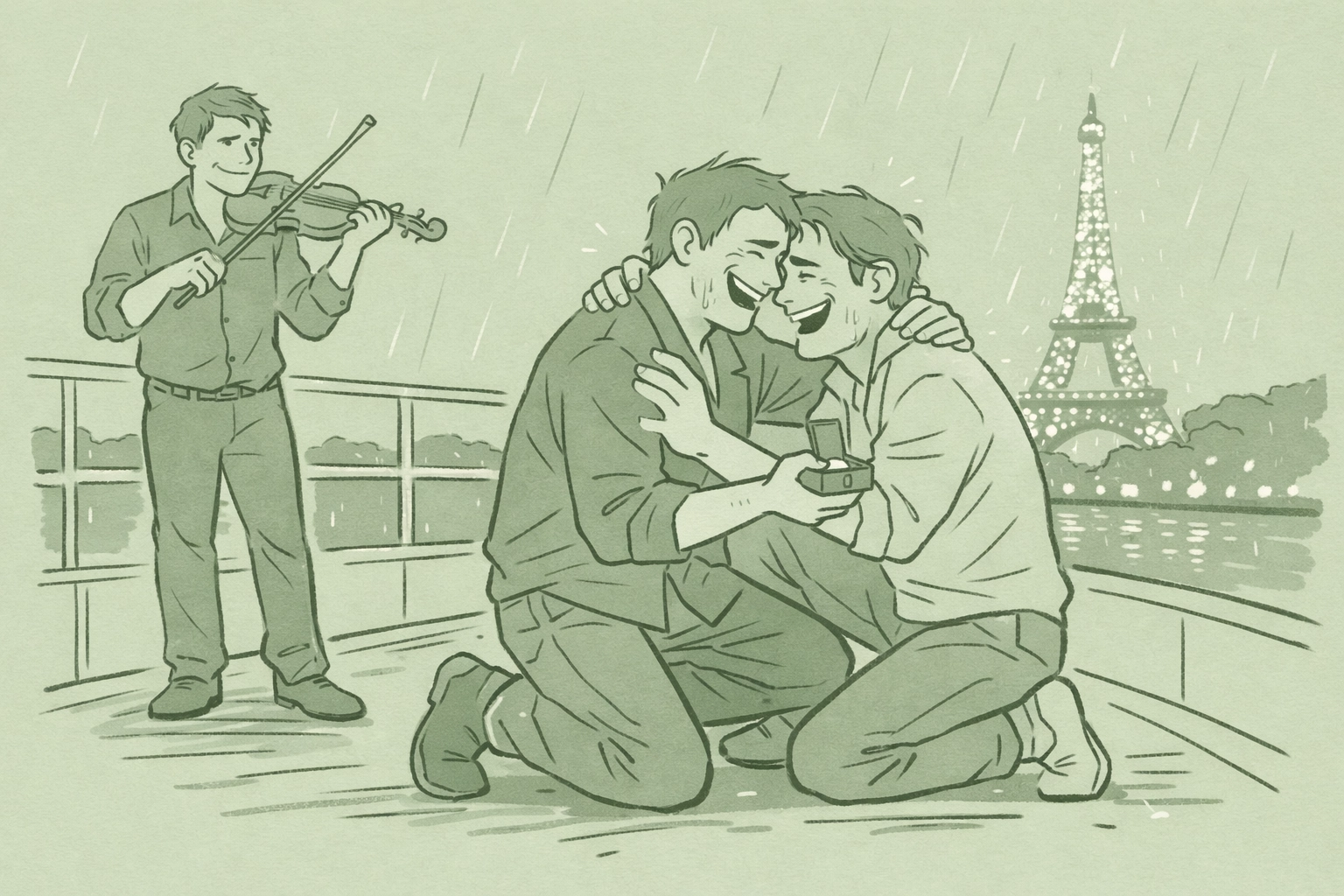 Emotional MM couple embracing during authentic yacht proposal moment with Eiffel Tower sparkling behind