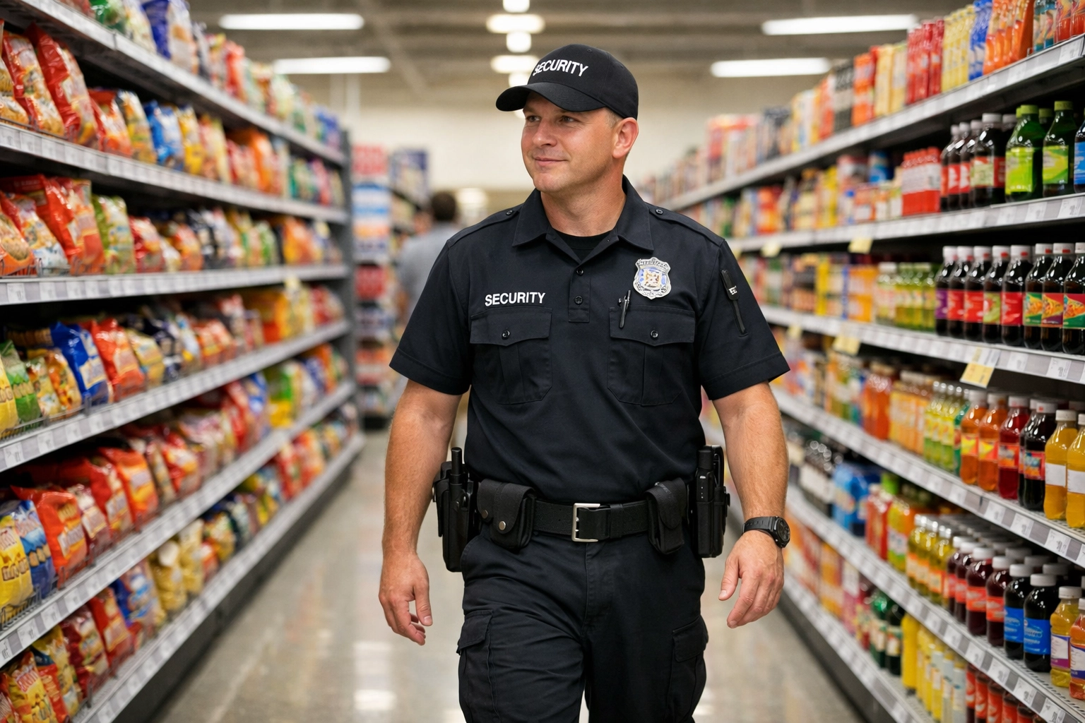 Uniformed security guard patrolling shop aisles to provide a visible deterrent against retail crime.