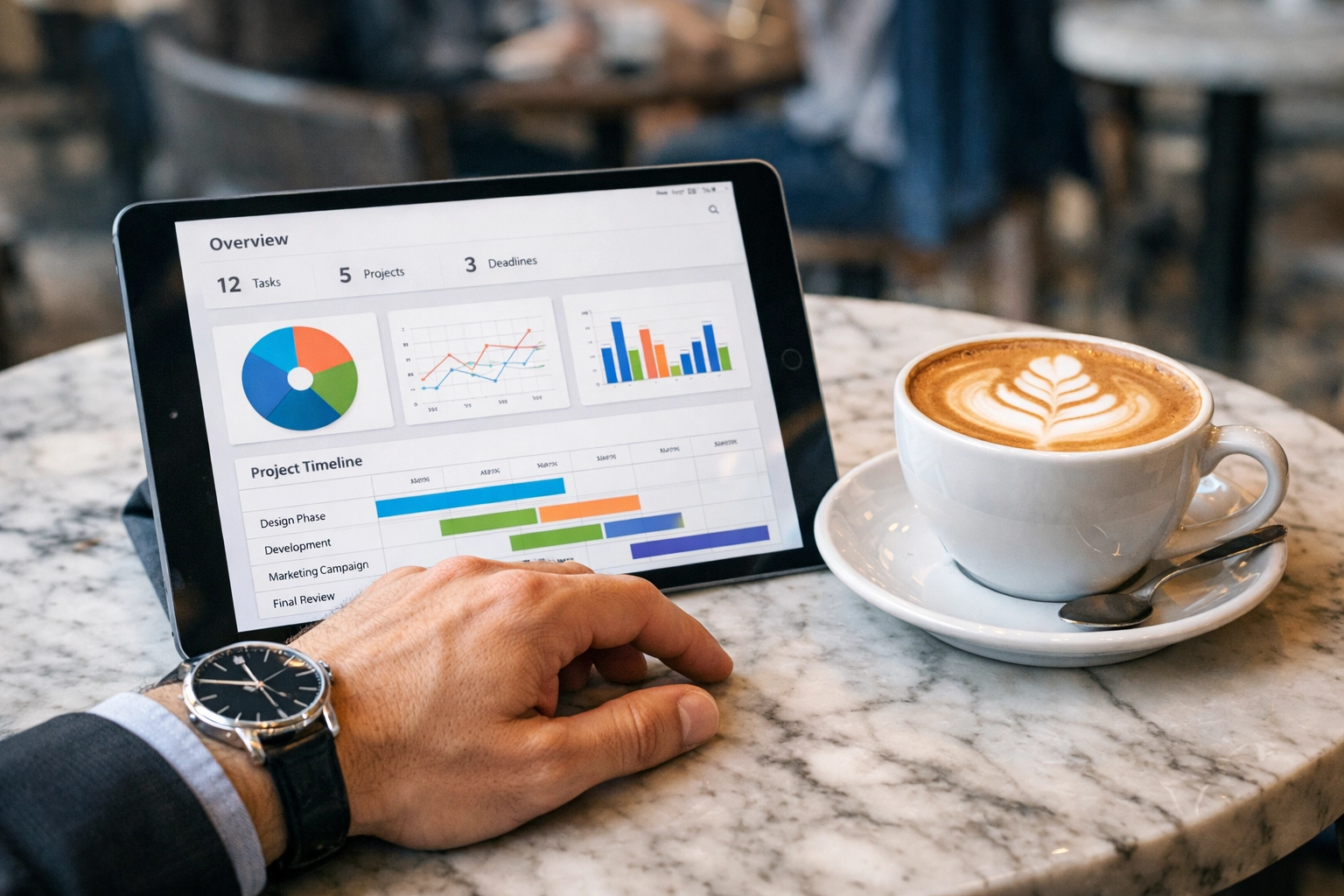 Photography business management dashboard on a tablet in a café for professional creatives.