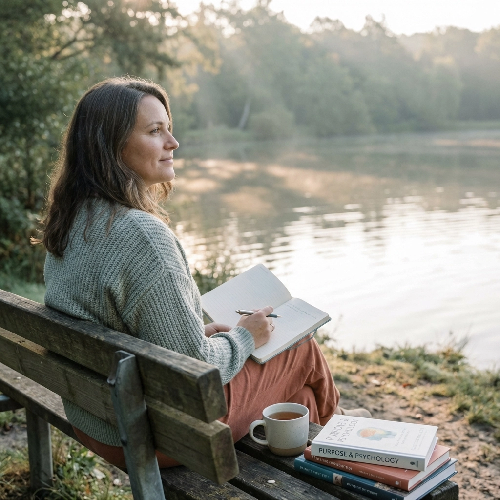 Woman reflecting and writing with a purpose