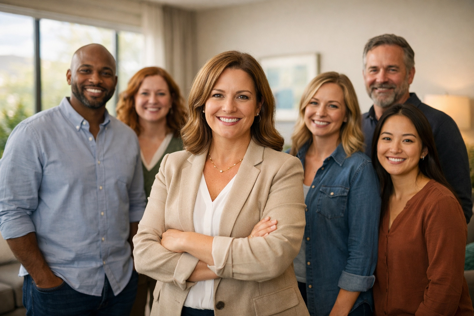 Clinical leadership team standing in modern treatment center therapy room with natural lighting