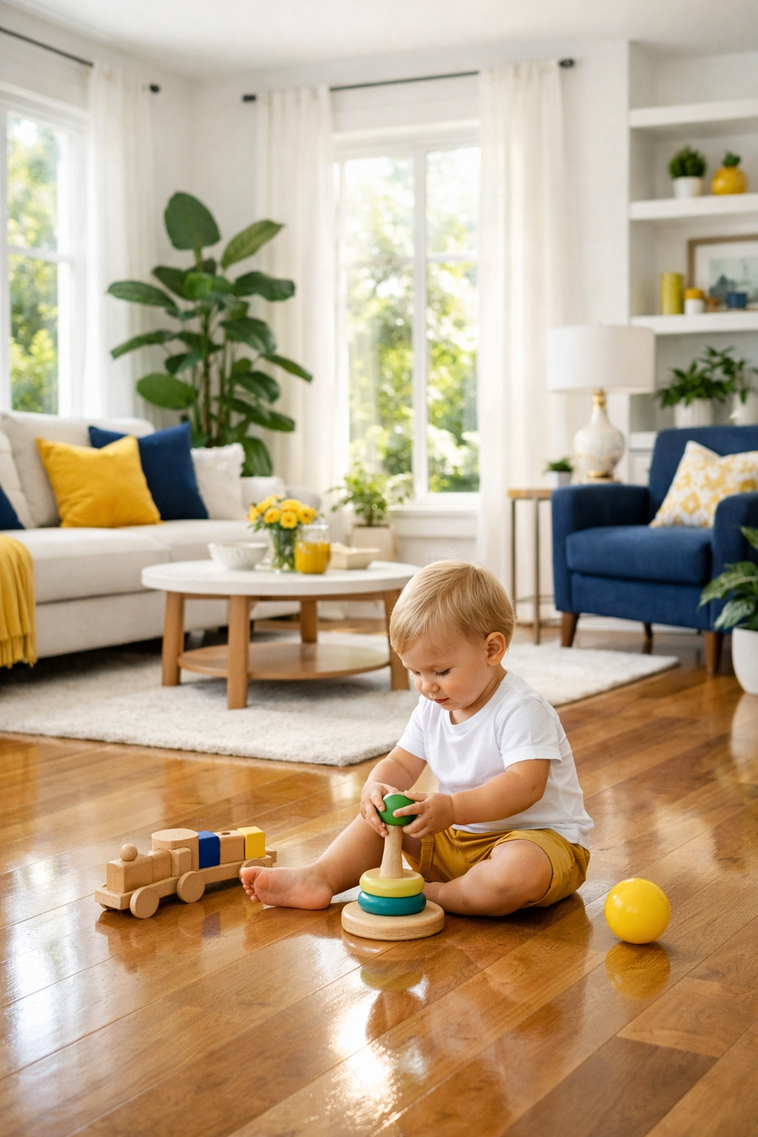 Toddler playing on clean hardwood floors in a Leominster home cleaned with eco-friendly products.