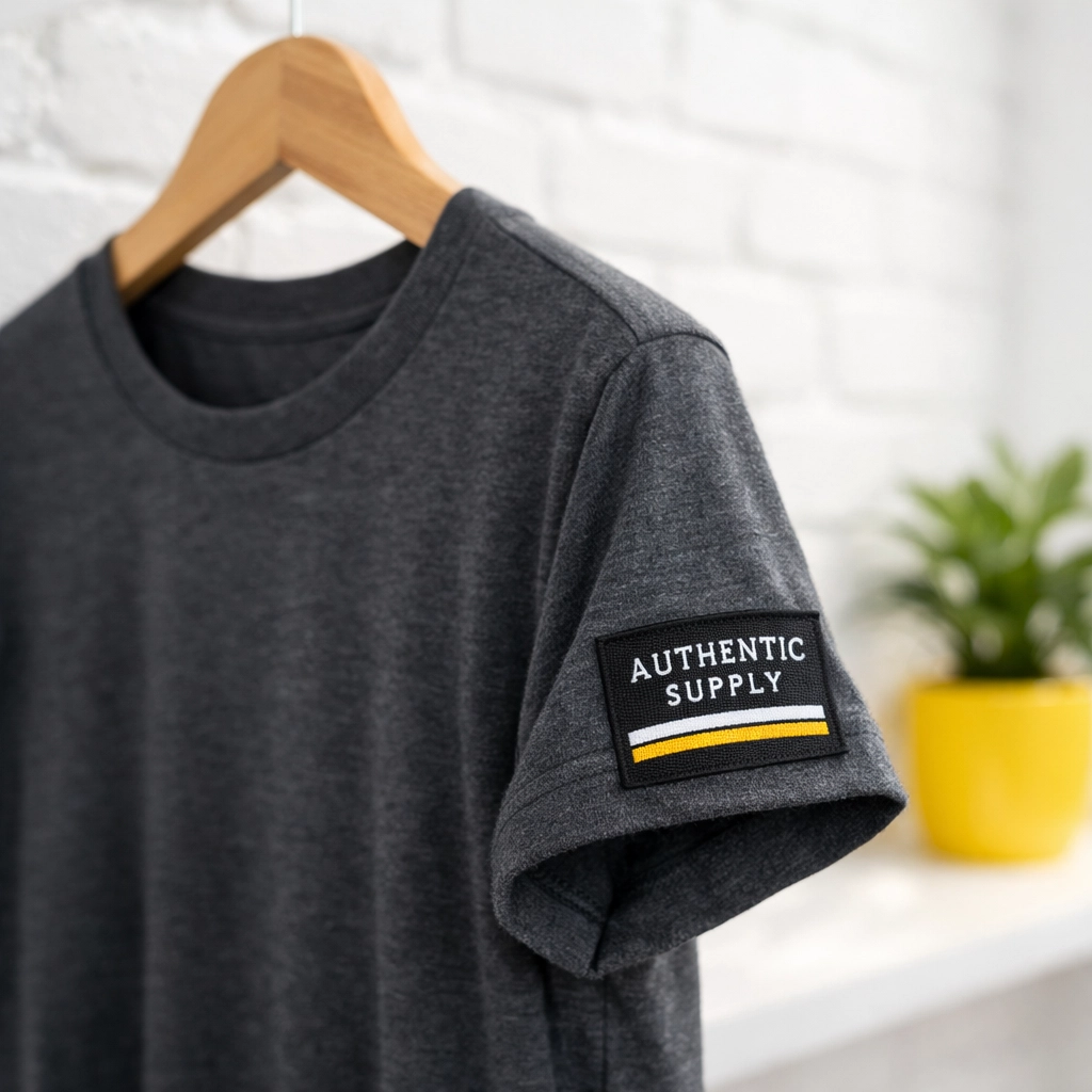 Custom woven sleeve tag on a charcoal t-shirt for a retail-ready boutique brand.