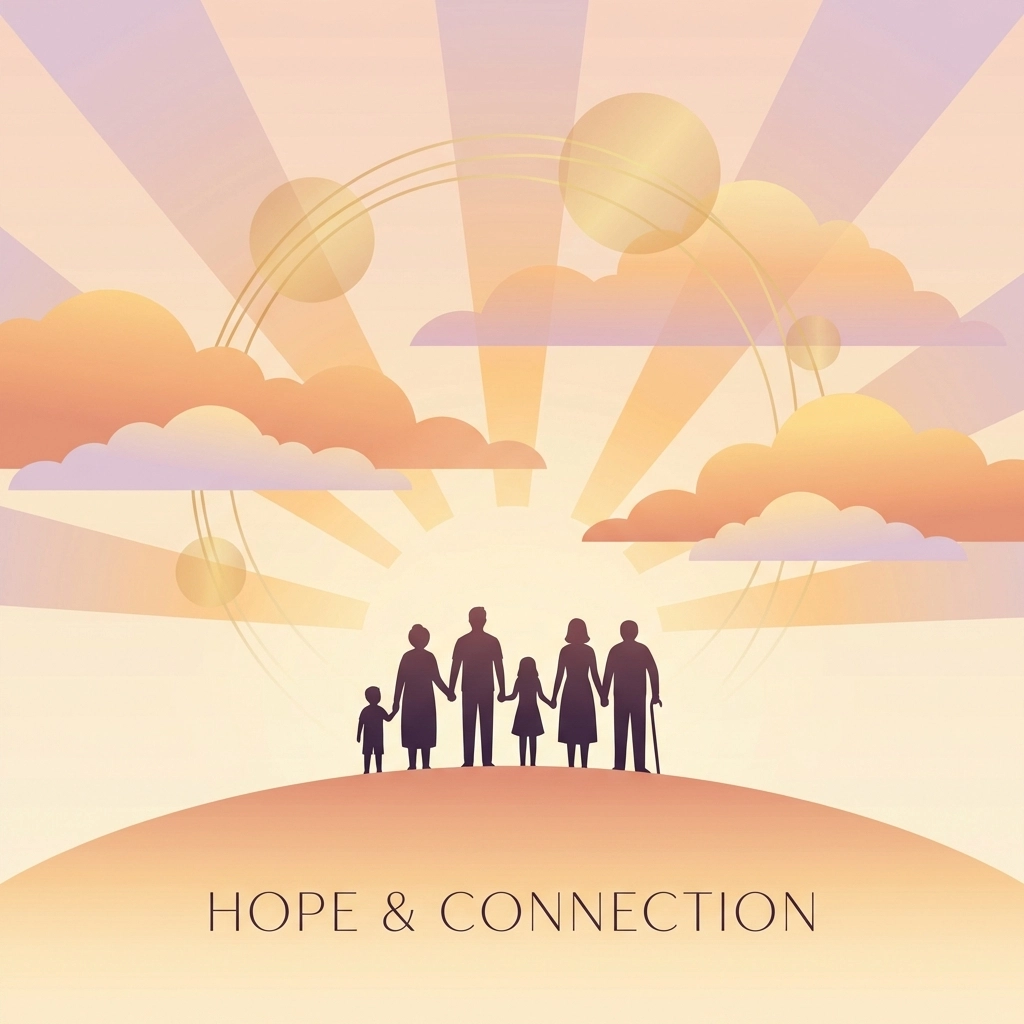 Diverse family on a hilltop at sunrise, symbolizing unity and connection in Christian digital protection for families.