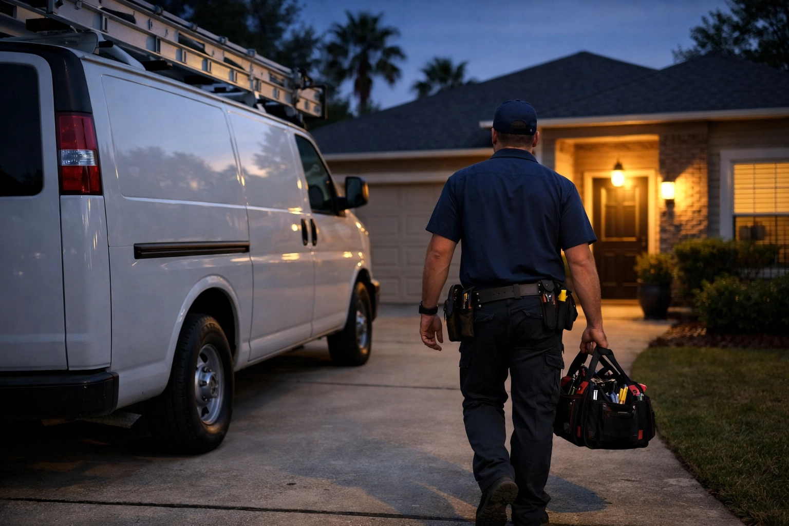 24/7 emergency garage door repair technician arriving at a Jacksonville home in the evening.