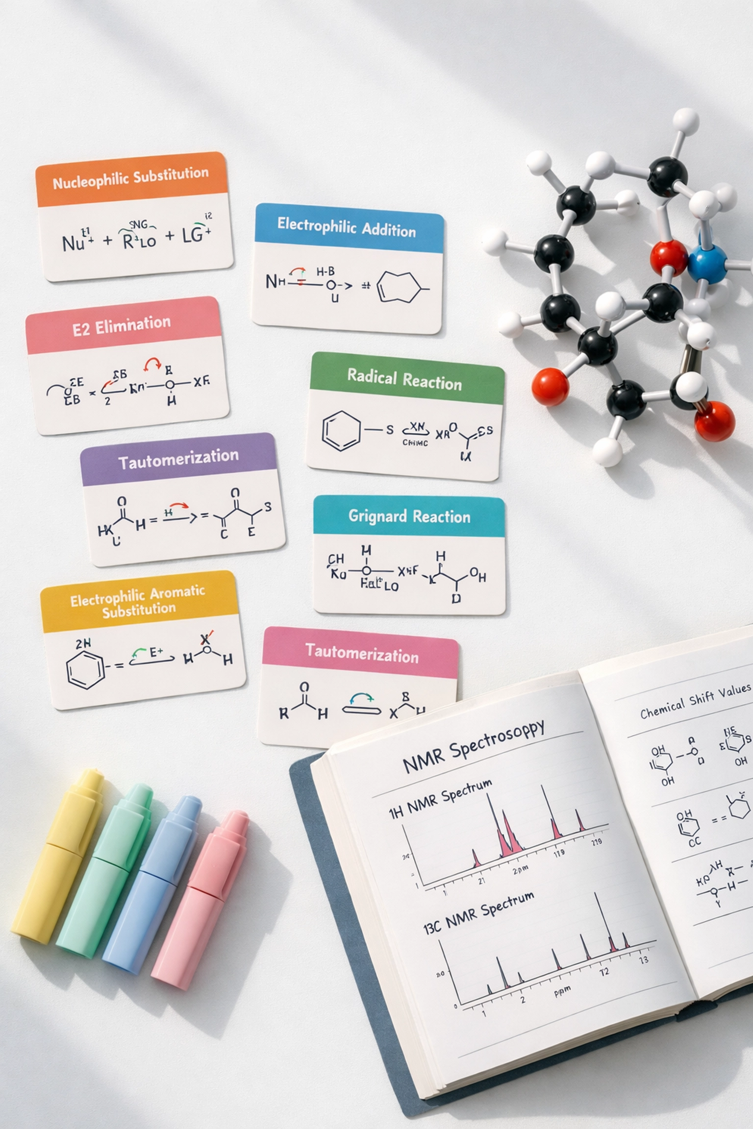 Organic chemistry revision materials including flashcards, molecular models, and NMR study guides