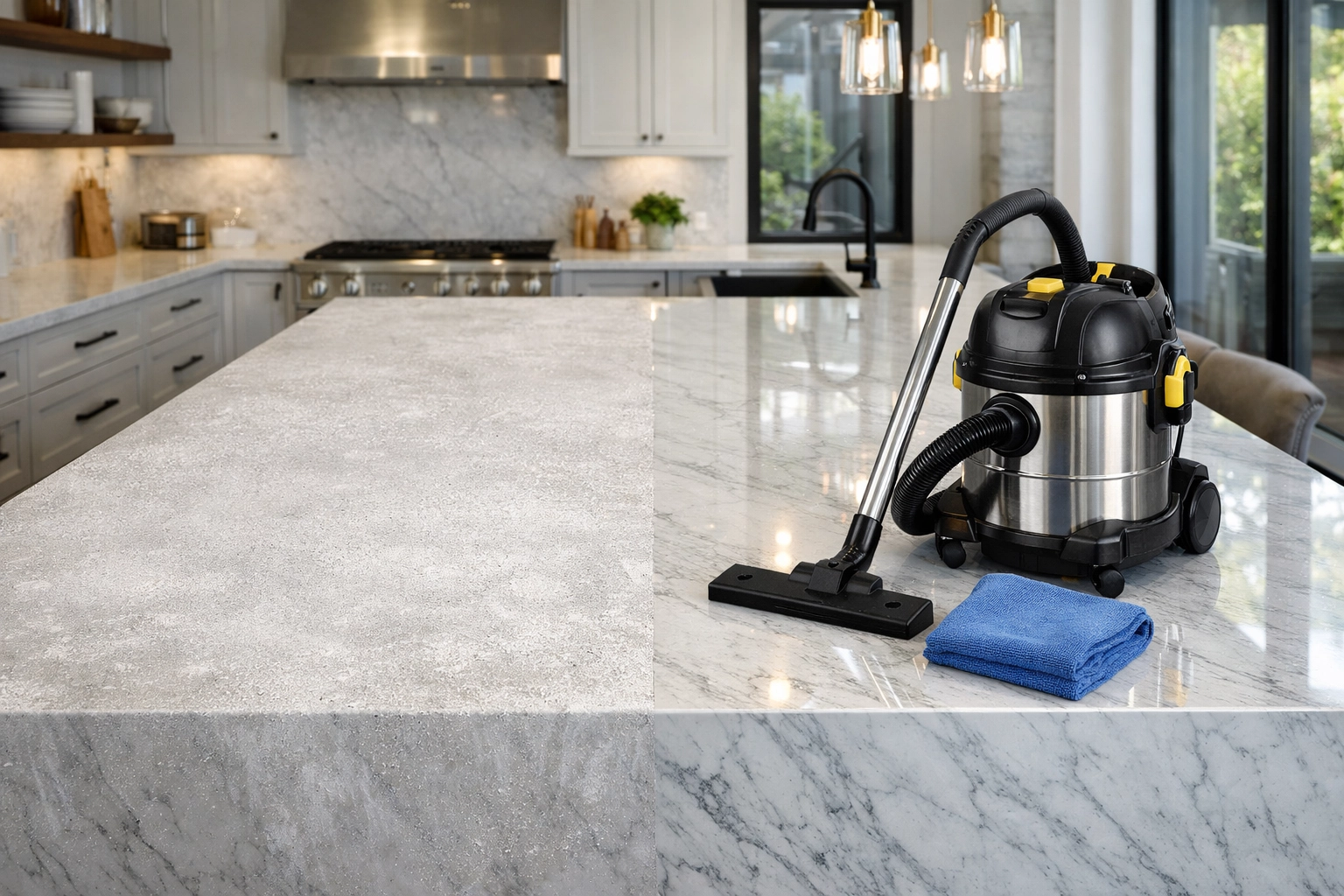 Professional post construction cleaning Hudson showing a marble island half-dusty and half-polished.