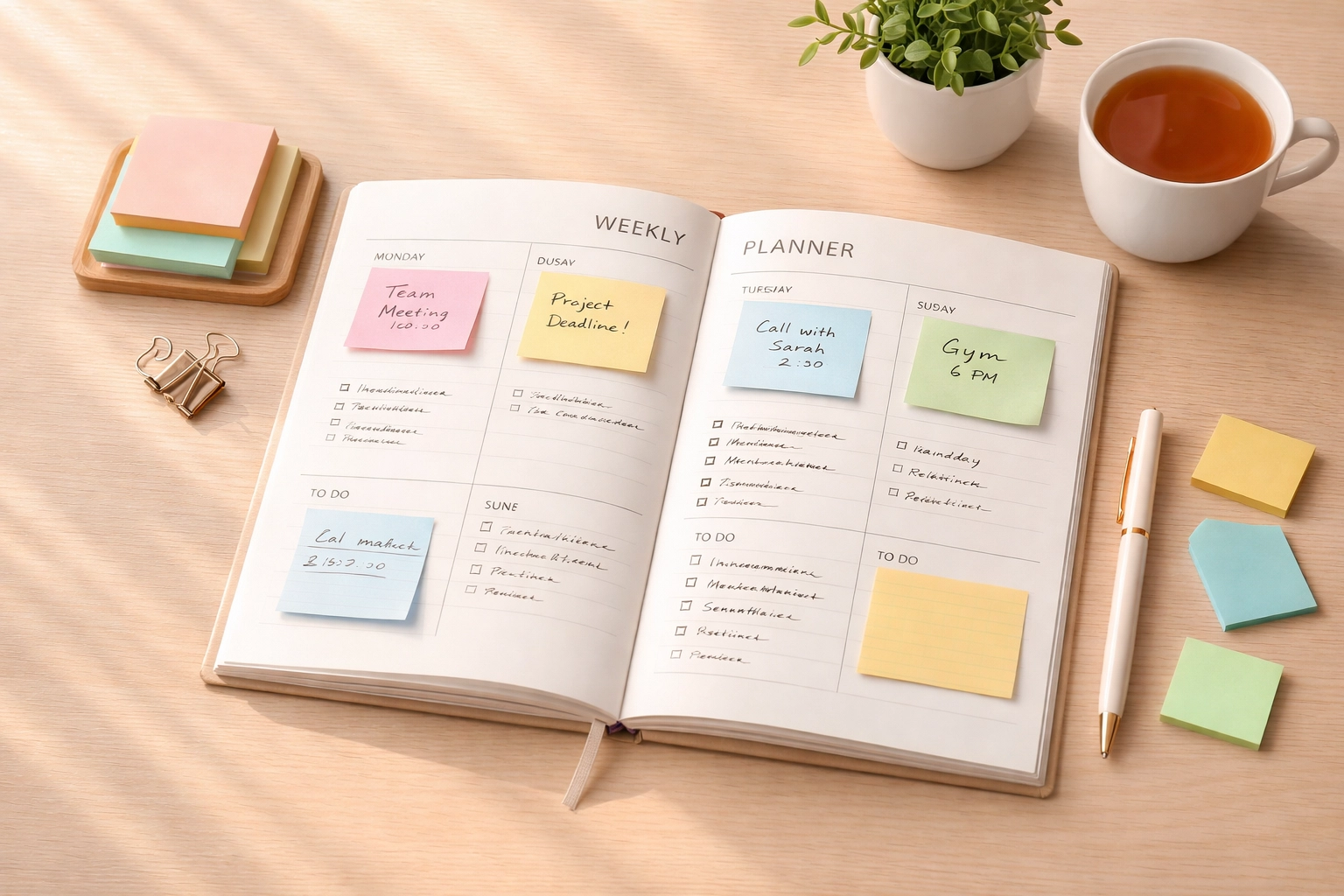 Weekly planner and sticky notes illustrating work-life balance for founders and time management