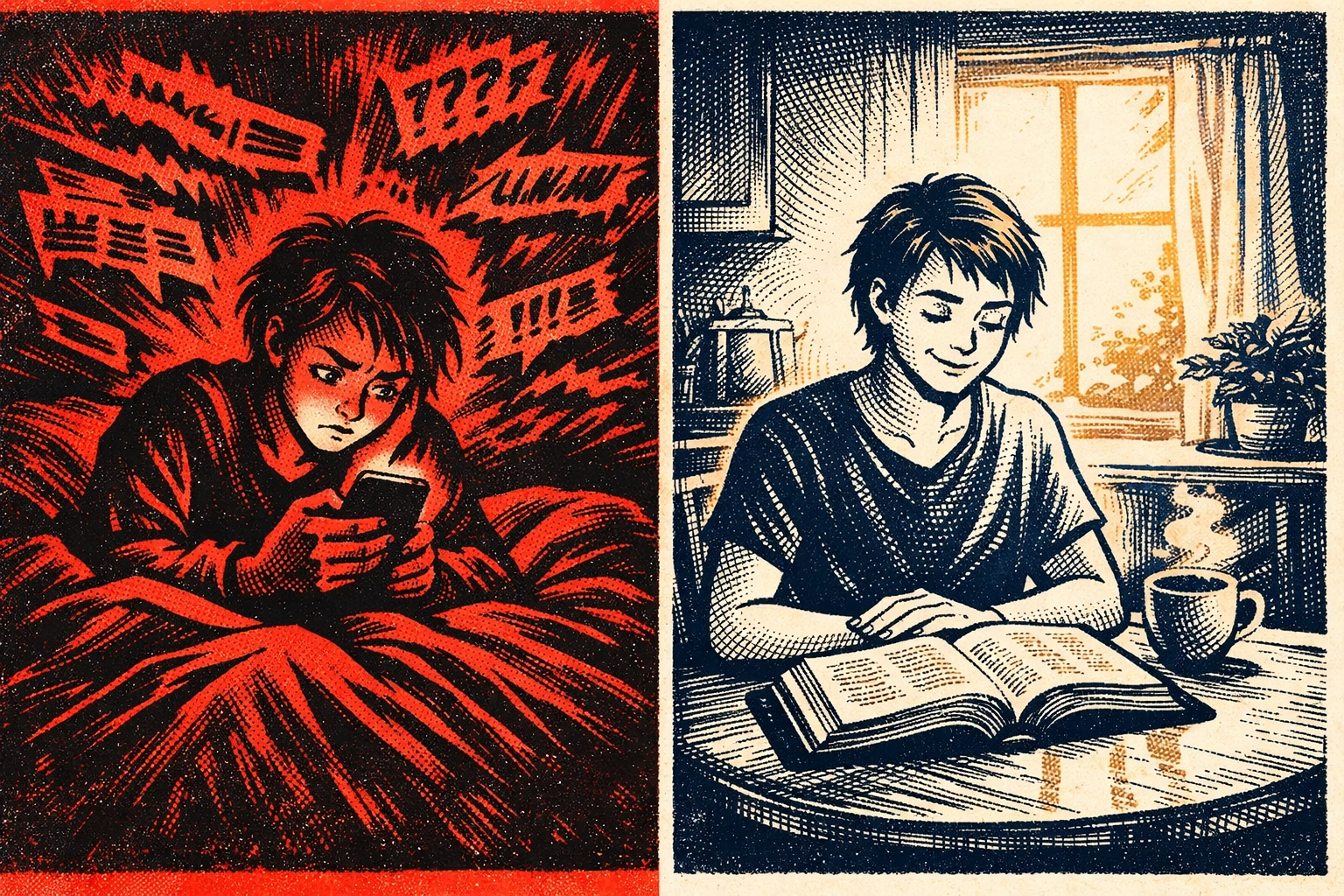 Comparison of anxious news scrolling versus peaceful morning Bible reading routine