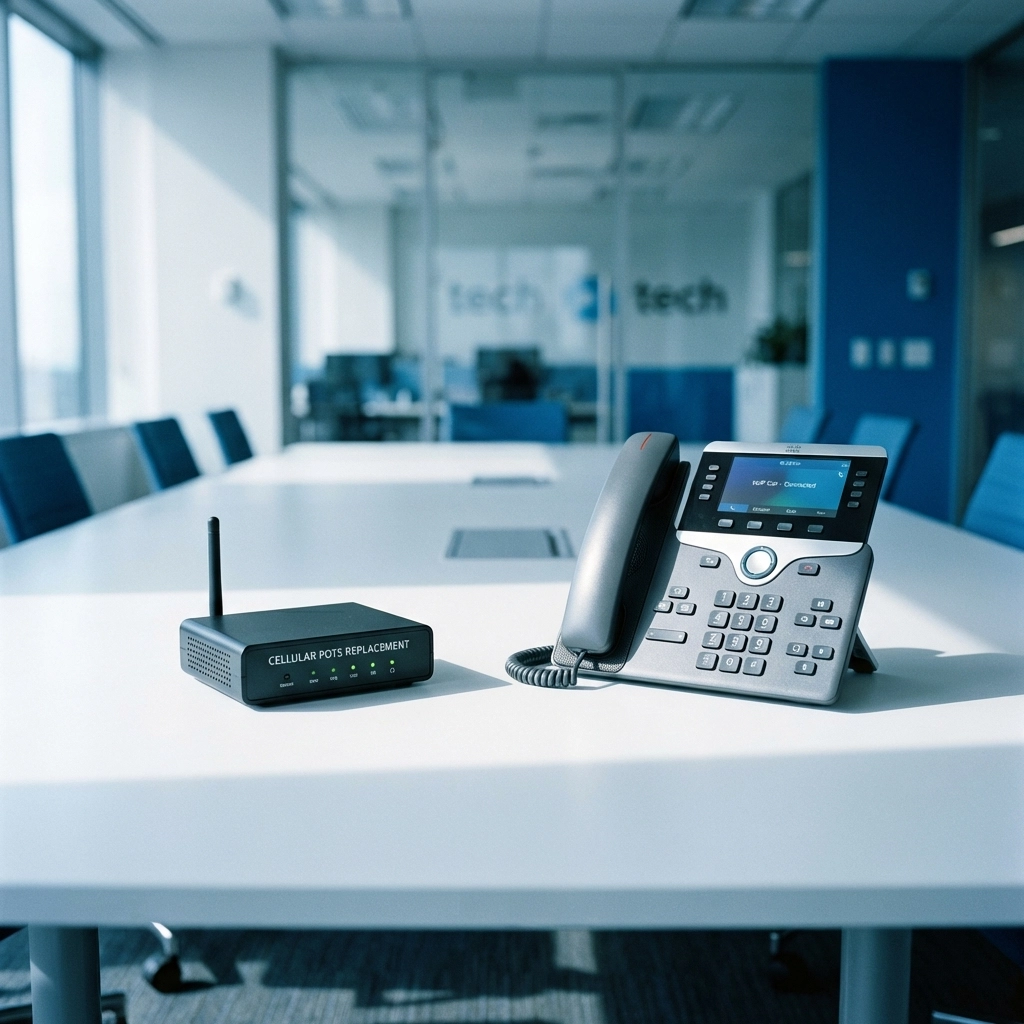 Cellular POTS replacement device and VoIP phone displayed side by side as modern alternatives for business telecom systems