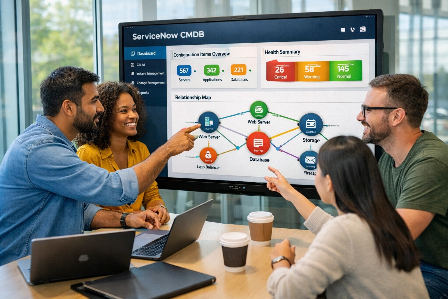 IT team reviewing ServiceNow CMDB dashboard during ITOM implementation planning session