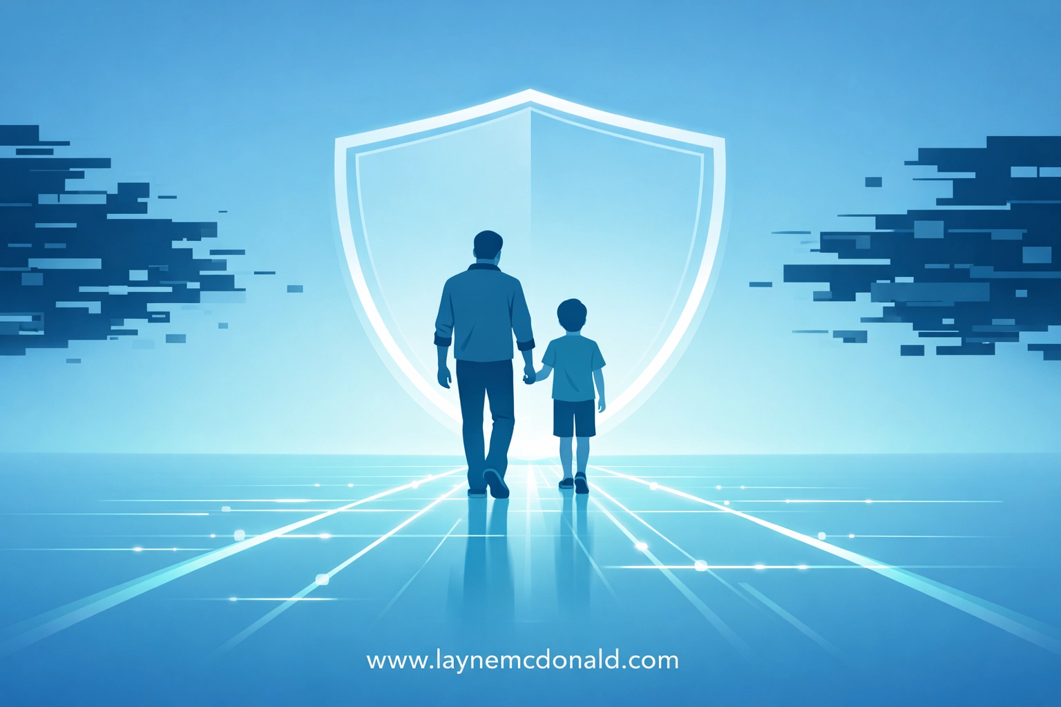 Illustration of a parent guiding a child safely through a digital path under a protective shield.