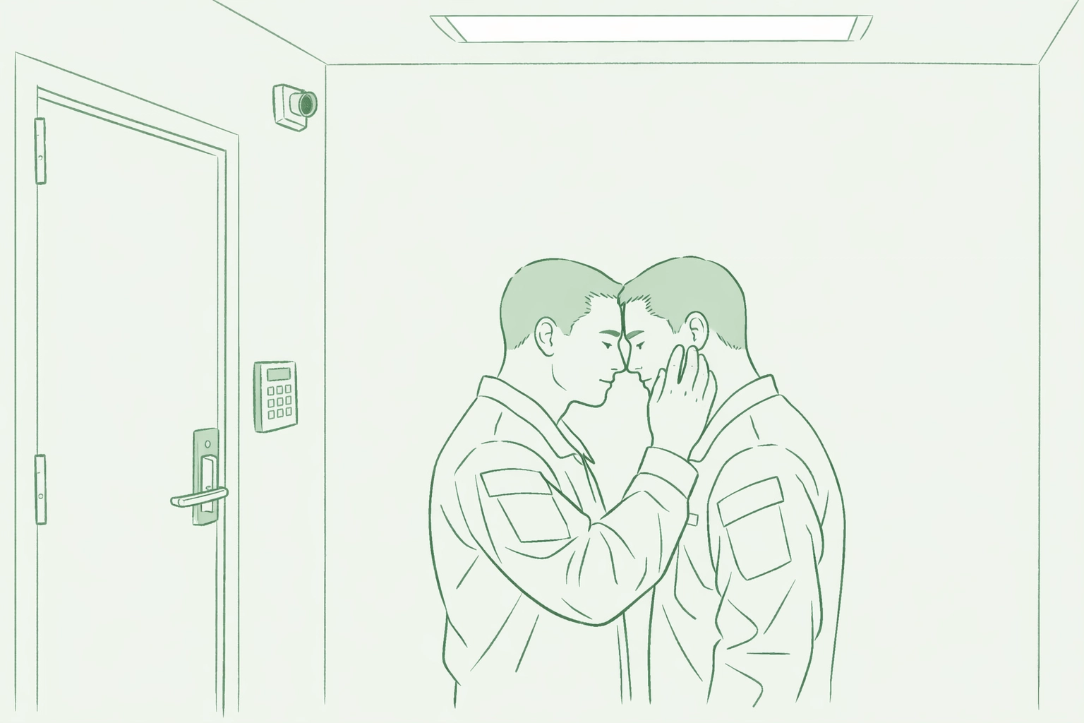 Gay military officers in a secure SCIF room sharing a private tender moment away from surveillance