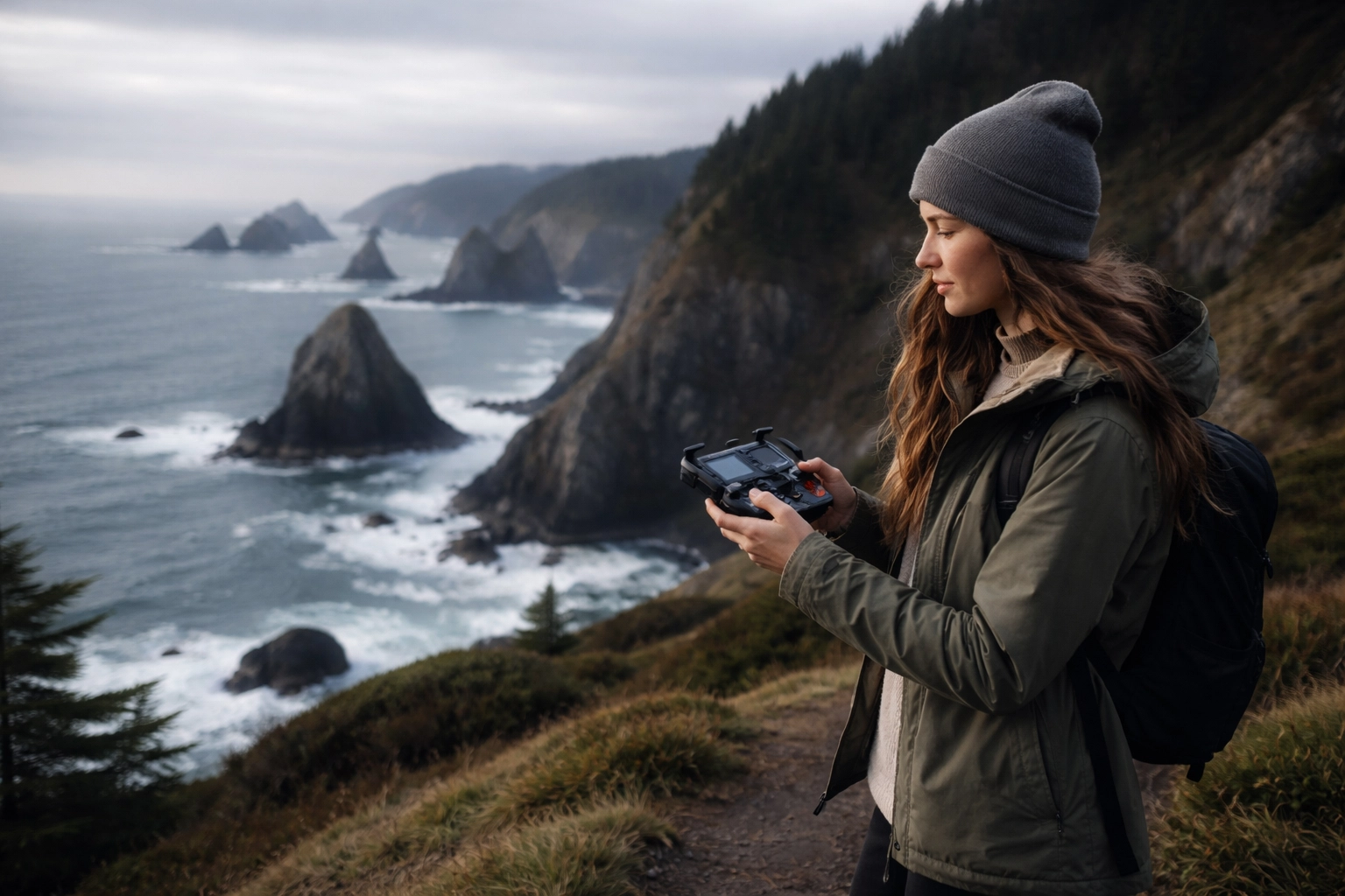 Female videographer operates a drone on a dramatic Oregon coastal bluff, filming stunning Pacific coastline wedding scenes.