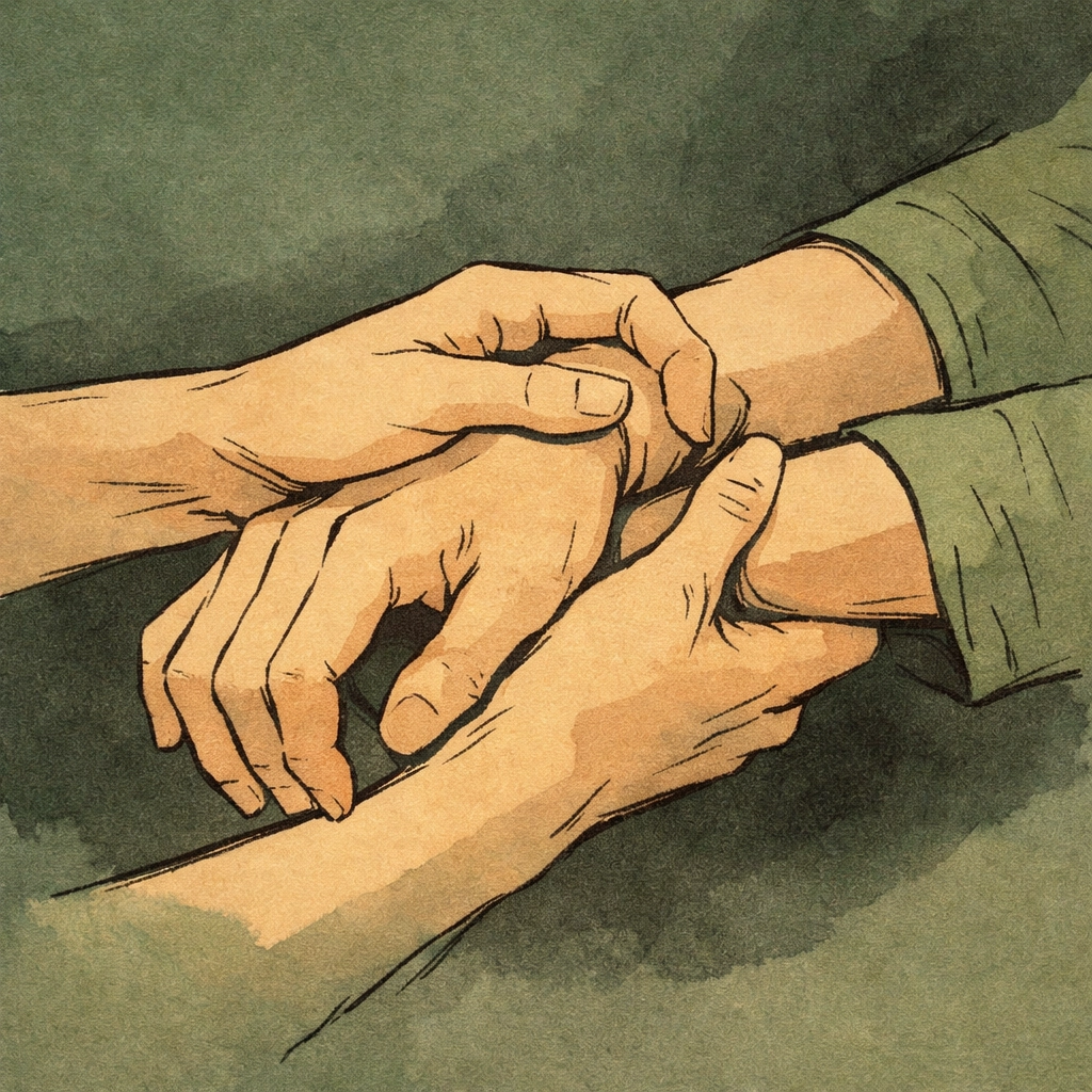 Close-up of male partners' hands showing trust and consent in impact play