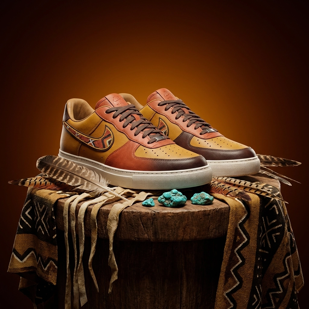 Earth-toned sneakers with beadwork details displayed among feathers and African fabrics, fusing African and Native American style