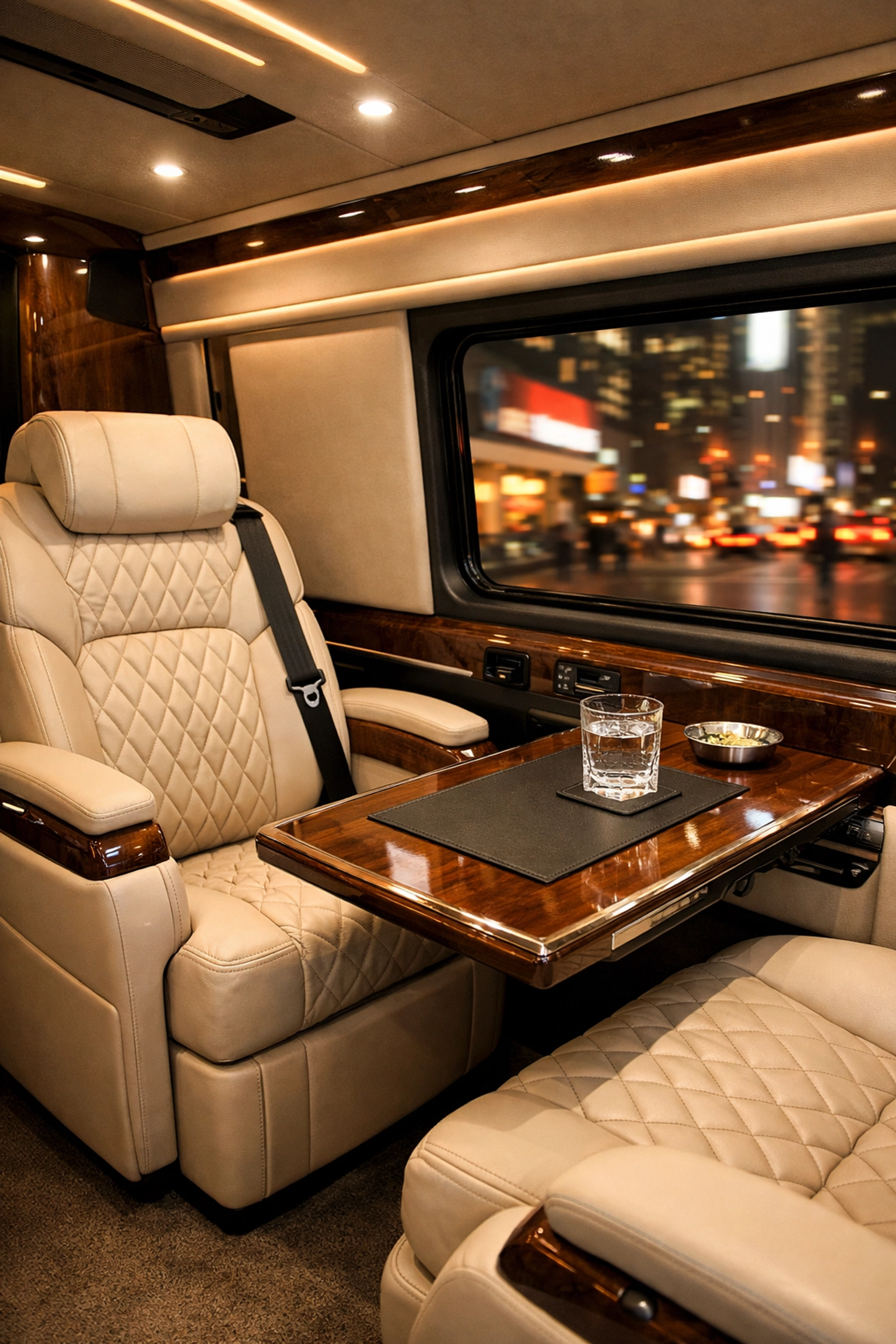 Premium leather interior of a luxury sprinter van for high-end Super Bowl executive transport.