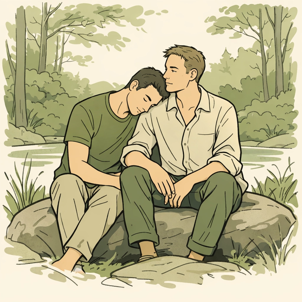 Gay couple sharing a moment of emotional vulnerability and intimacy in a natural woodland setting.