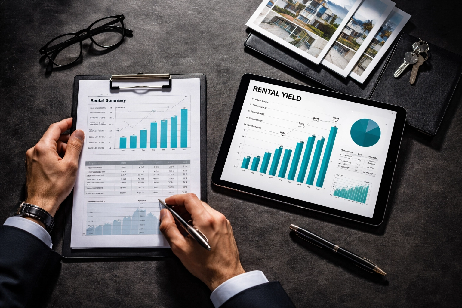 Property manager reviewing rental yield data and documents, emphasizing expert Brisbane property management analysis