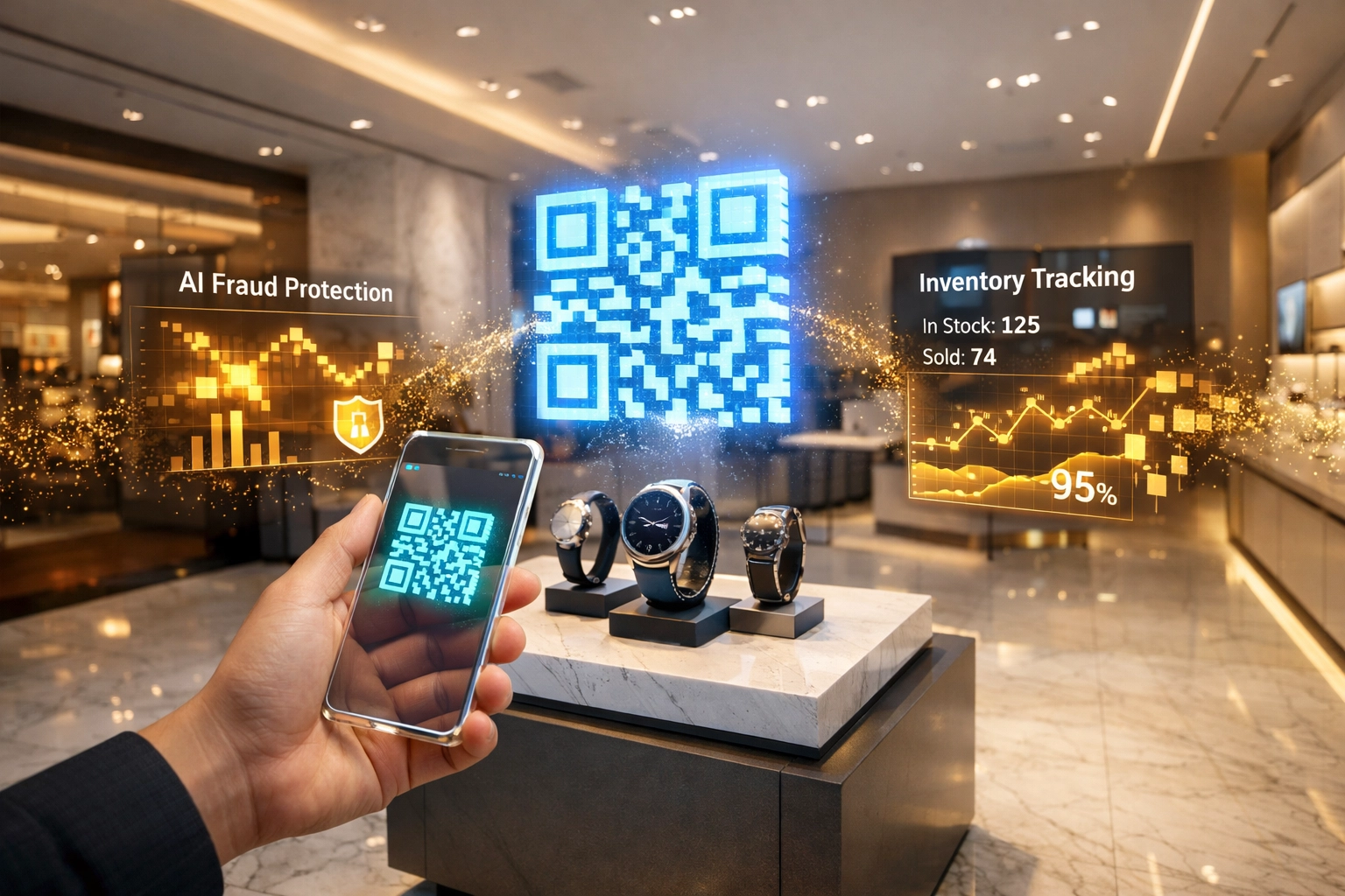Merchant using Larecoin.ai QR payments and AR inventory tracking in a futuristic retail showroom.