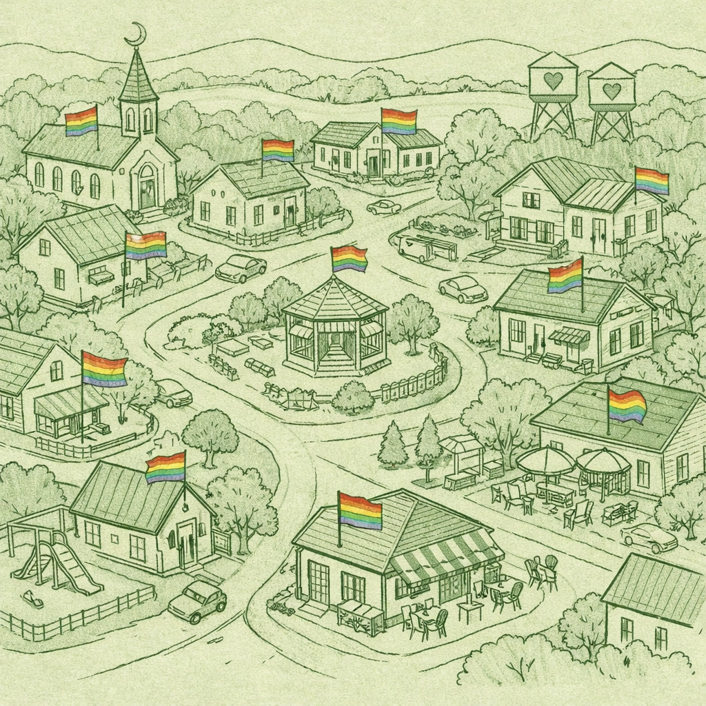 Small town with rainbow flags illustrating gay-majority society in LGBTQ fiction