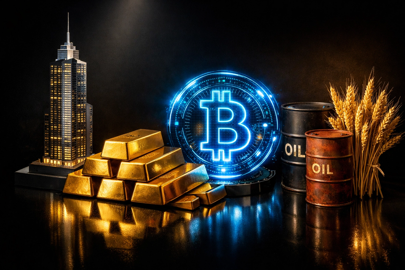 Alternative investments including real estate, gold, cryptocurrency, and commodities for portfolio diversification