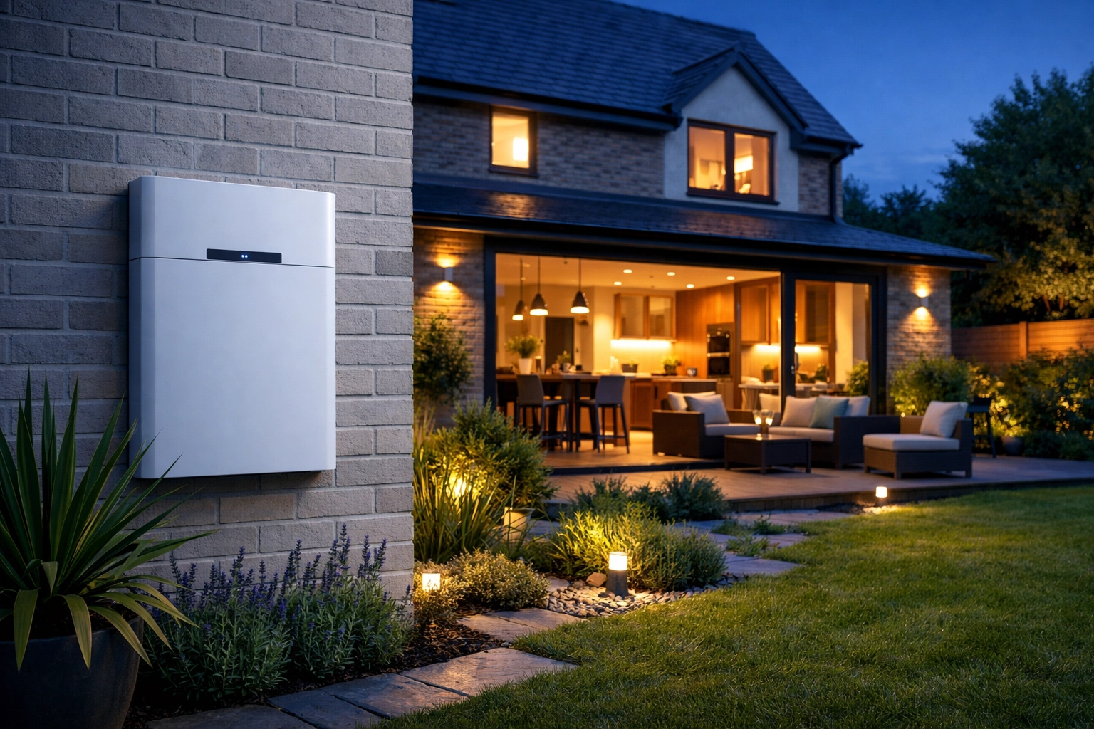 A modern home energy storage battery mounted on a brick wall in Bournemouth for backup power.