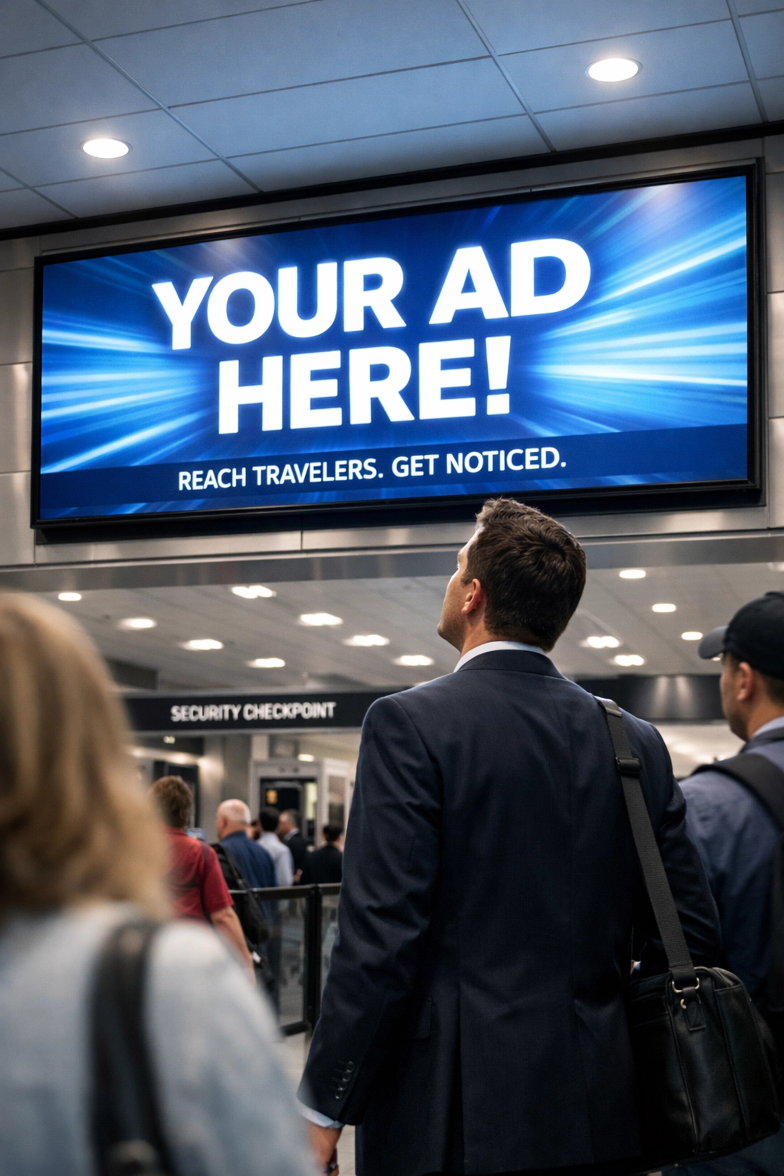 Business traveler viewing OOH advertisement at airport security checkpoint