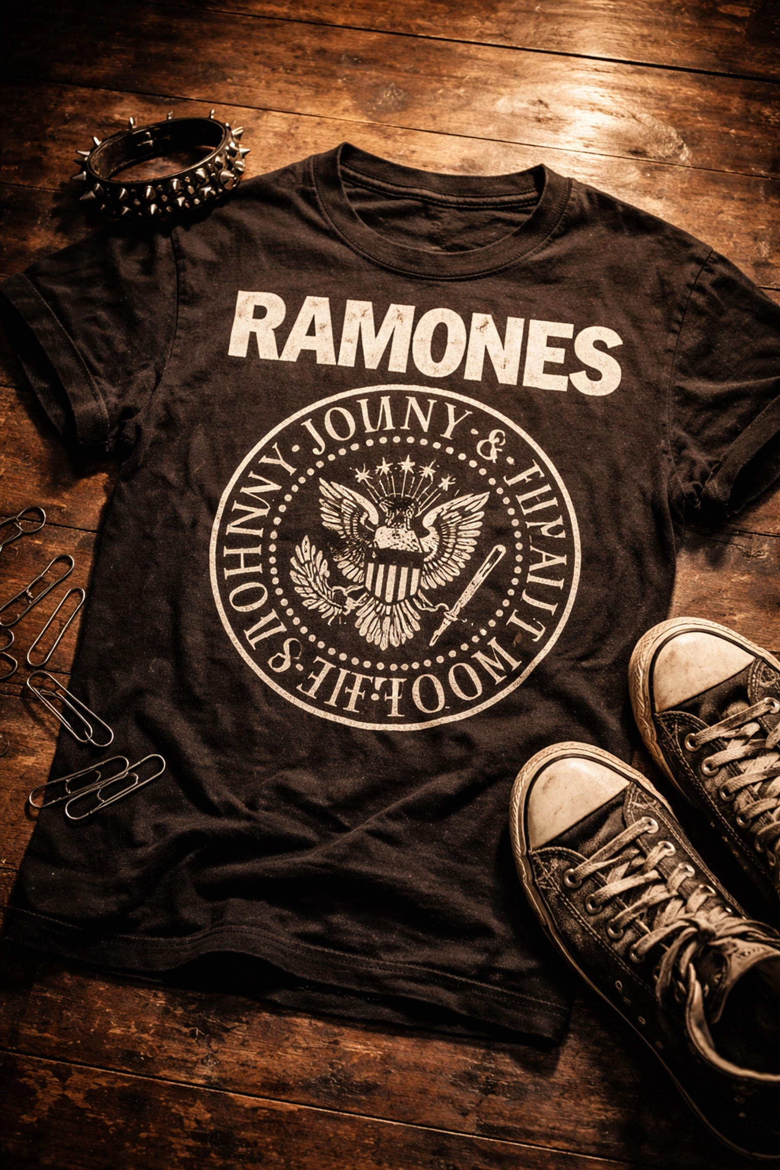 Flat lay of a vintage Ramones t-shirt with Presidential Seal logo and punk accessories, highlighting iconic band merch