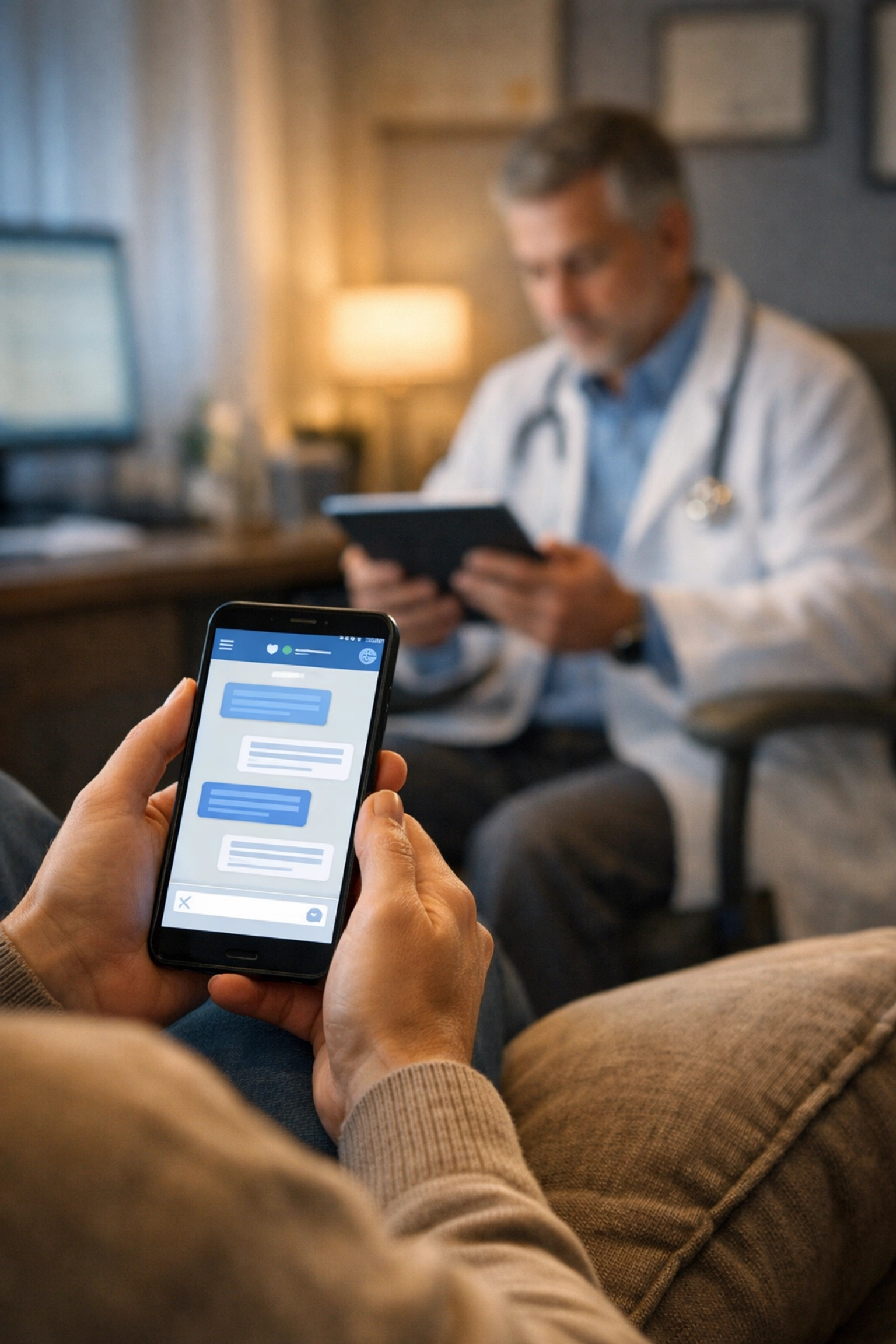 Patient using secure medical messaging to chat with a doctor online from their smartphone.