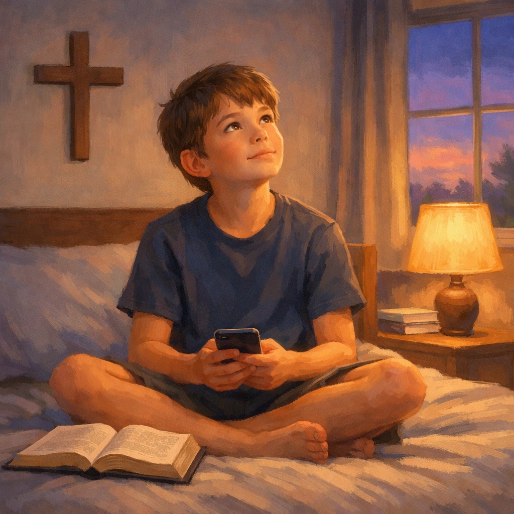 Boy reflecting with smartphone and Bible promoting digital discernment for Christian youth