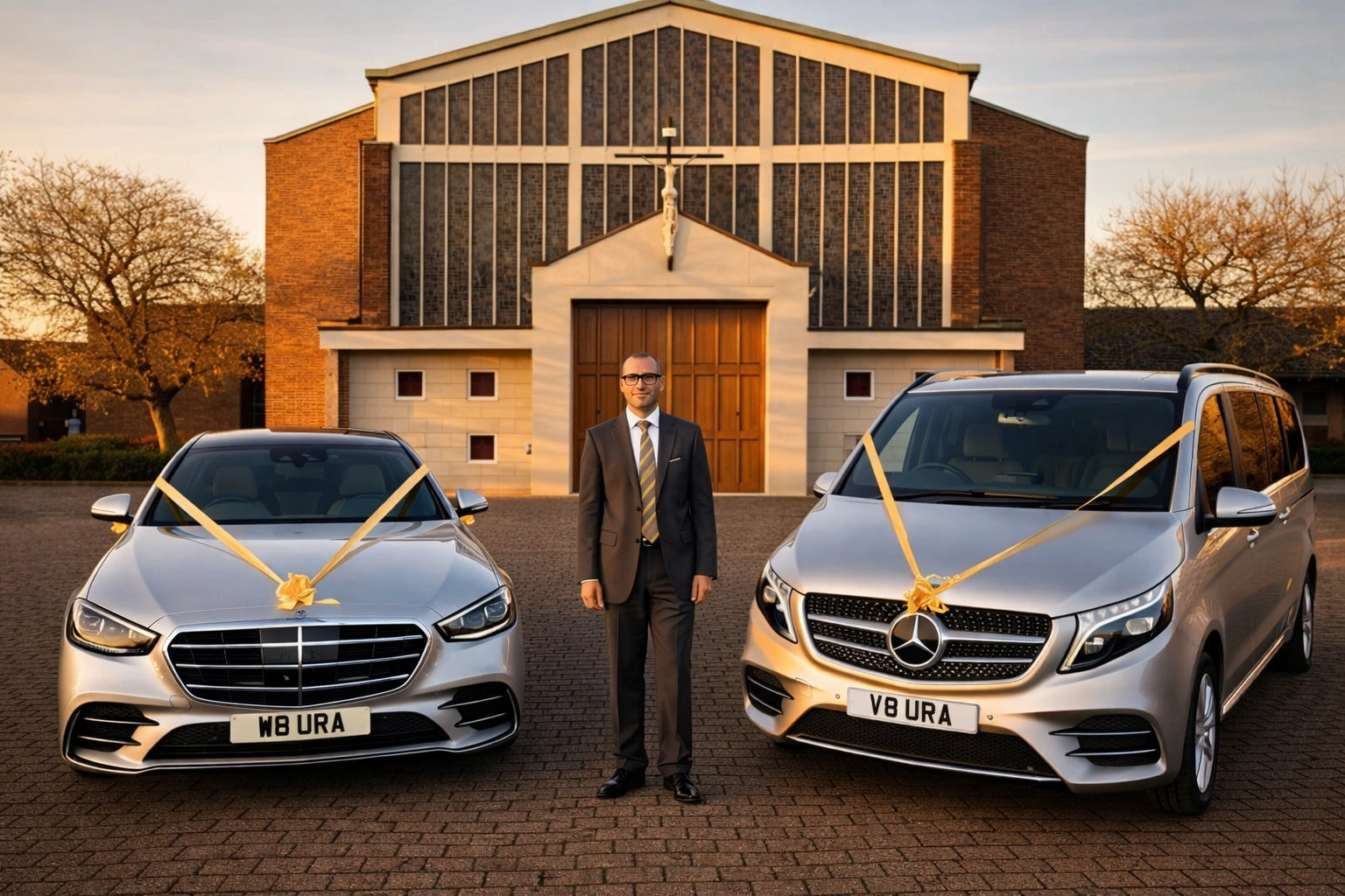 Two silver Mercedes-Benz vehicles decorated with gold wedding ribbons are parked outside a church entrance. A professionally dressed chauffeur stands between them.