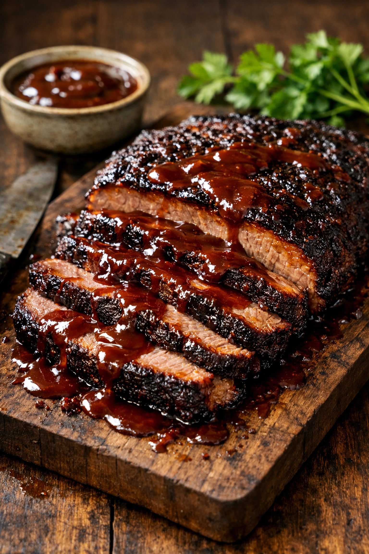 20 Dump-and-Go Crockpot Dinners Tender sliced 5-ingredient slow cooker BBQ beef brisket with thick sauce on a wooden board.