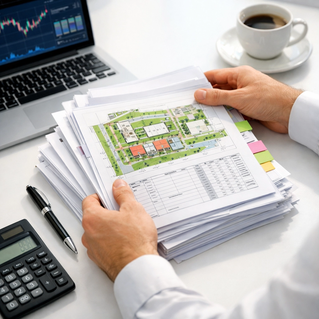 Property developer organizing funding documents and financial spreadsheets for investment proposal