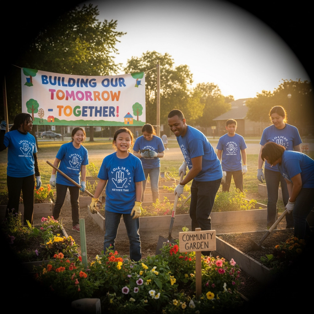 Community members joyfully collaborate in a vibrant garden under the banner "Building Our Tomorrow Together," highlighting their dedication to teamwork and sustainability.


