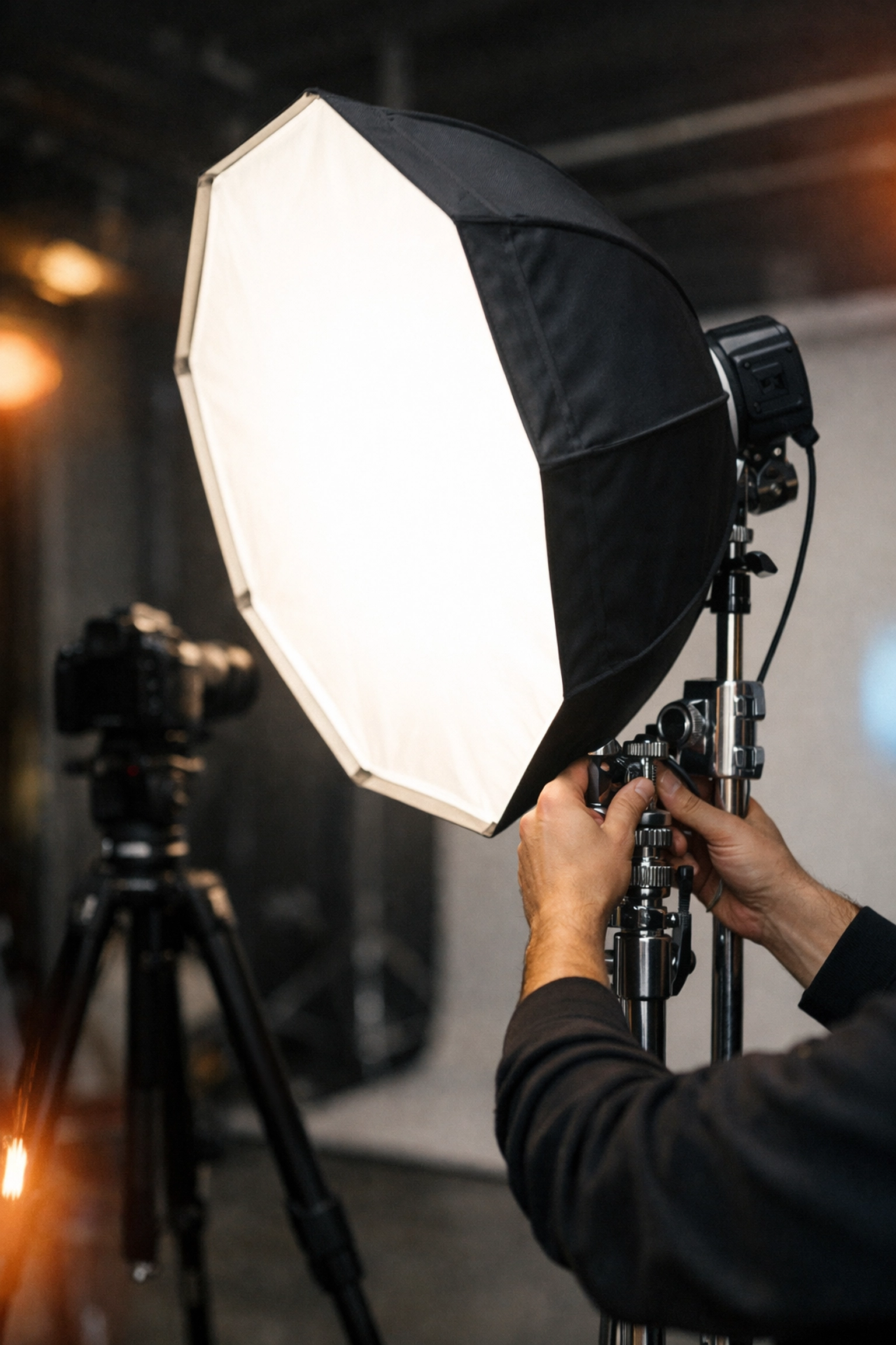 Studio photographer adjusting lighting to create the best lighting for executive portraits.