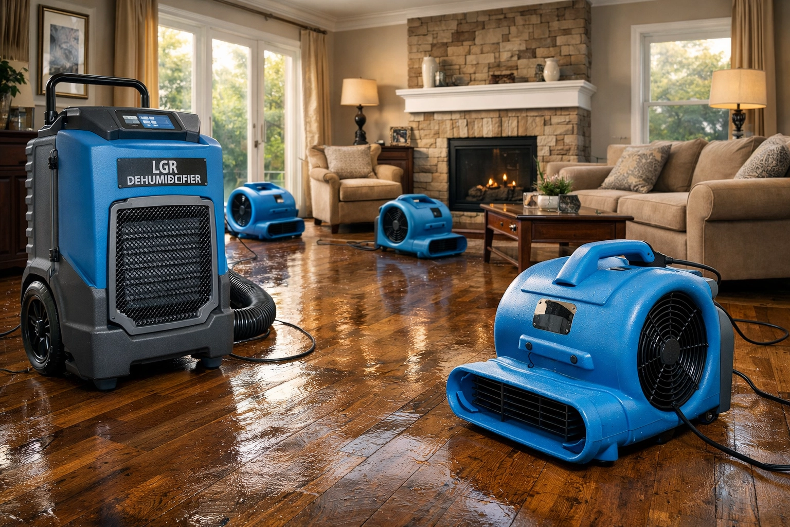 Professional air movers and industrial dehumidifiers drying a home after water damage restoration.